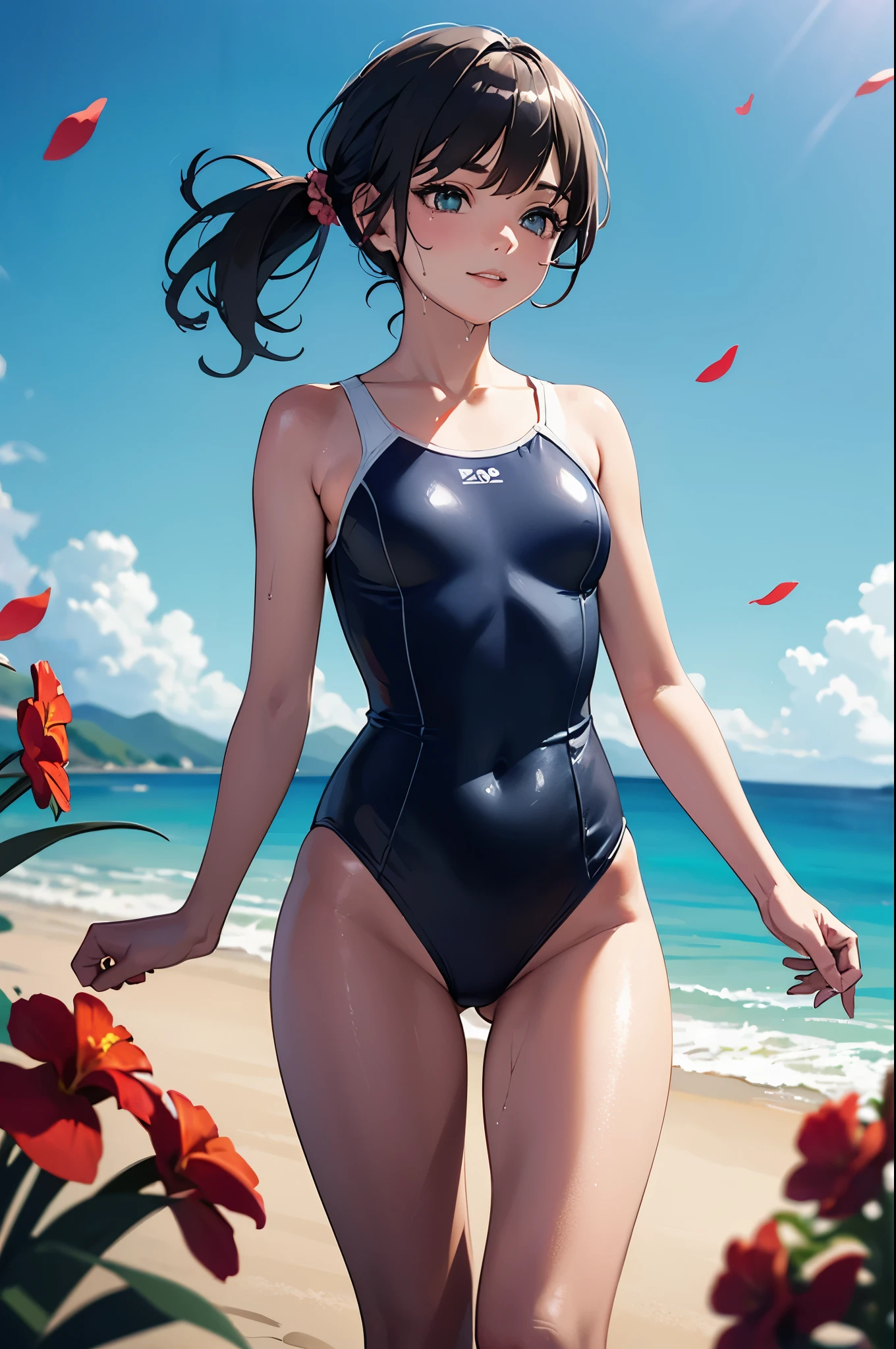 (masterpiece, best quality, 8k ultra high resolution:1.4), (Tropical, Beachside, Flowers: 1.4), depth of field, cinematic focus, from dramatic angle, emotional composition
BREAK
young kawaii girl, slender body, flat chest, provocative and smirk and love face expression, ultra detailed shiny skin, dark blue one-piece swimsuit, (wet and shiny detailed swimsuits: 1.2), wet and shiny thighs
BREAK
(realistic: 1.2), beautiful pony-tail hair, wind, detailed in the wind, petals dancing in the wind
BREAK
ultra detailed eyes, jewelry eyes, emerald, bright green gem eyes