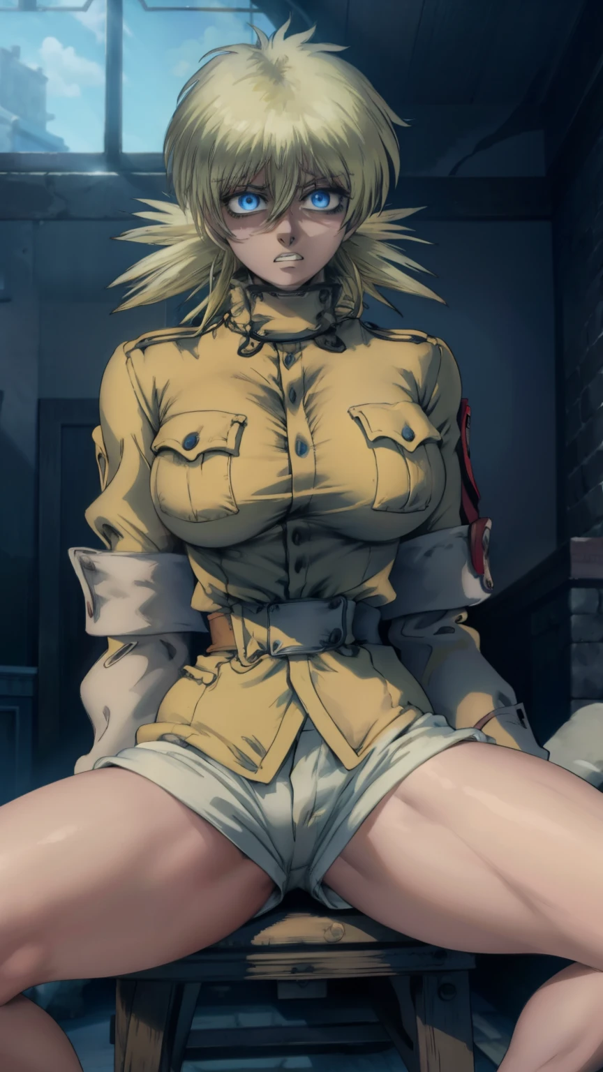 masterpiece, best quality, seras, seras victoria,  hellsing, 1girl, solo, white shorts, long sleeves , sitting, campfire, warm lighting, clenching teeth, annoyed, head tilt, looking to the side, gigantic breasts, breast focus,  boob window, bare breasts, arms at side, arms behind back, Detailed face, Detailed blue eyes, Detailed face, blue eyes, perfect eyes, perfect face, nude, spreading legs, presenting, legs spread apart