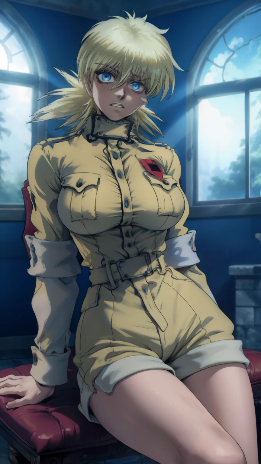 masterpiece, best quality, seras, seras victoria, hellsing, 1girl, solo, white shorts, long sleeves , sitting, campfire, warm lighting, clenching teeth, annoyed, head tilt, looking to the side, gigantic breasts, breast focus, boob window, bare breasts, arms at side, arms behind back, Detailed face, Detailed blue eyes, Detailed face, blue eyes, perfect eyes, perfect face, nude, spreading legs, presenting, legs spread apart