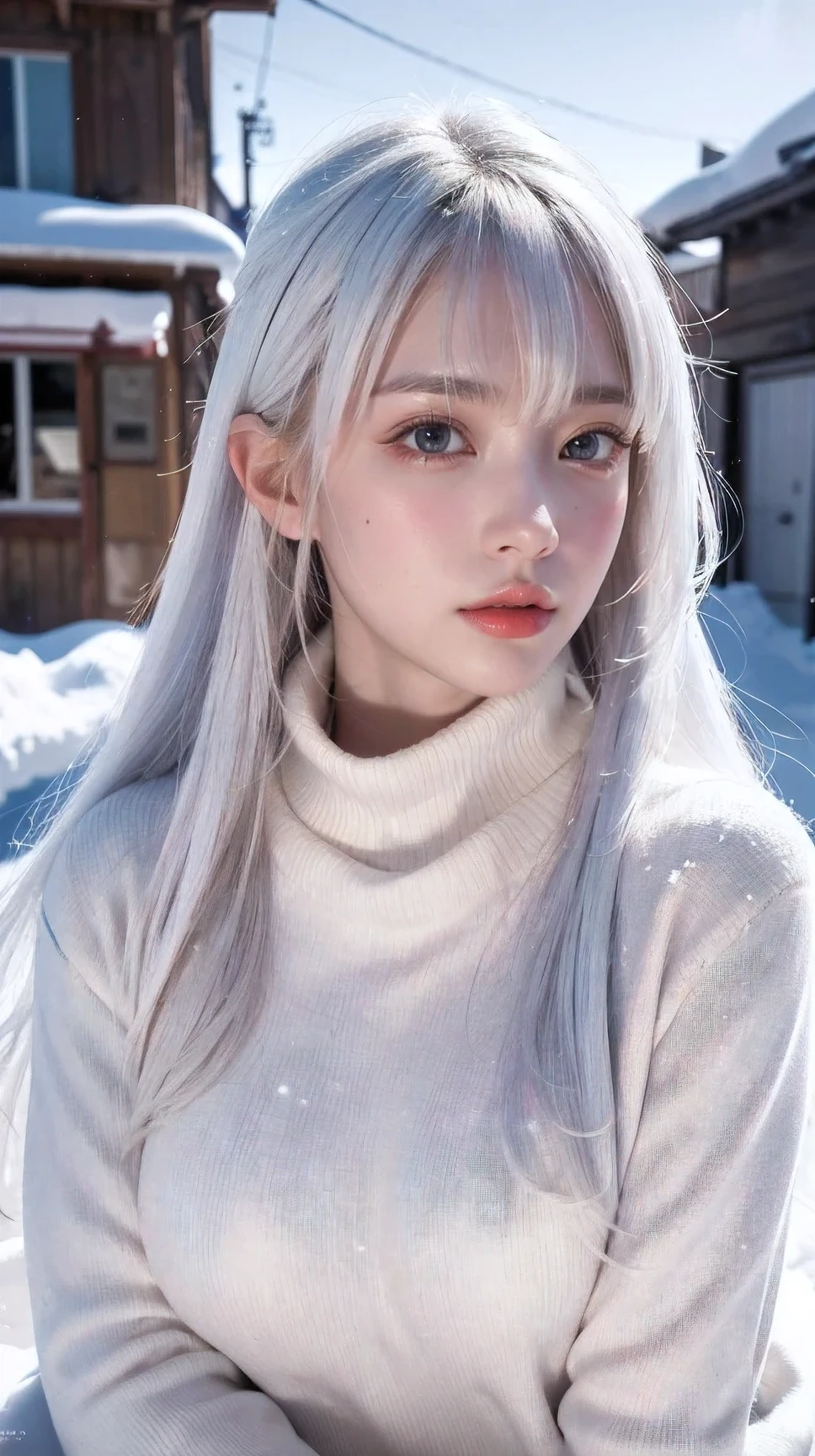 A woman with long white hair sitting in the snow - SeaArt AI