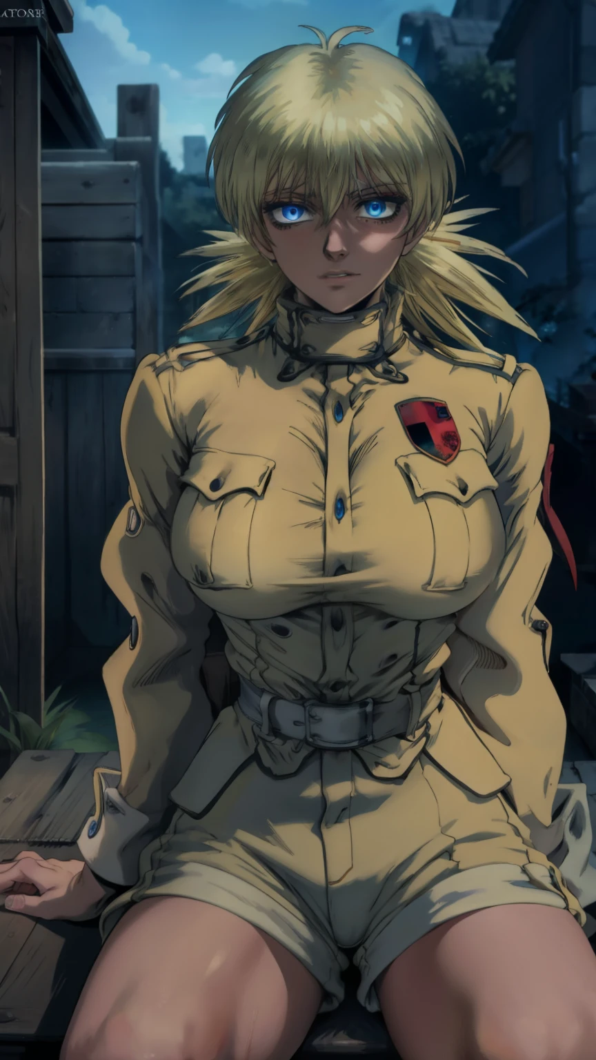 masterpiece, best quality, seras, seras victoria,  hellsing, 1girl, solo, white shorts, long sleeves , sitting, campfire, warm lighting, lustful gaze, in heat, horny, head tilt, looking to the side, gigantic breasts, breast focus,  boob window, bare breasts, arms at side, arms behind back, Detailed face, Detailed blue eyes, Detailed face, blue eyes, perfect eyes, perfect face, nude