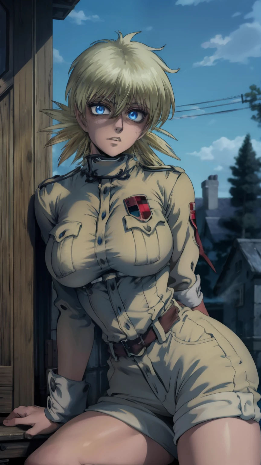 masterpiece, best quality, seras, seras victoria,  hellsing, 1girl, solo, white shorts, long sleeves , sitting, campfire, warm lighting, lustful gaze, in heat, horny, head tilt, looking to the side, gigantic breasts, breast focus,  boob window, bare breasts, arms at side, arms behind back, Detailed face, Detailed blue eyes, Detailed face, blue eyes, perfect eyes, perfect face, nude