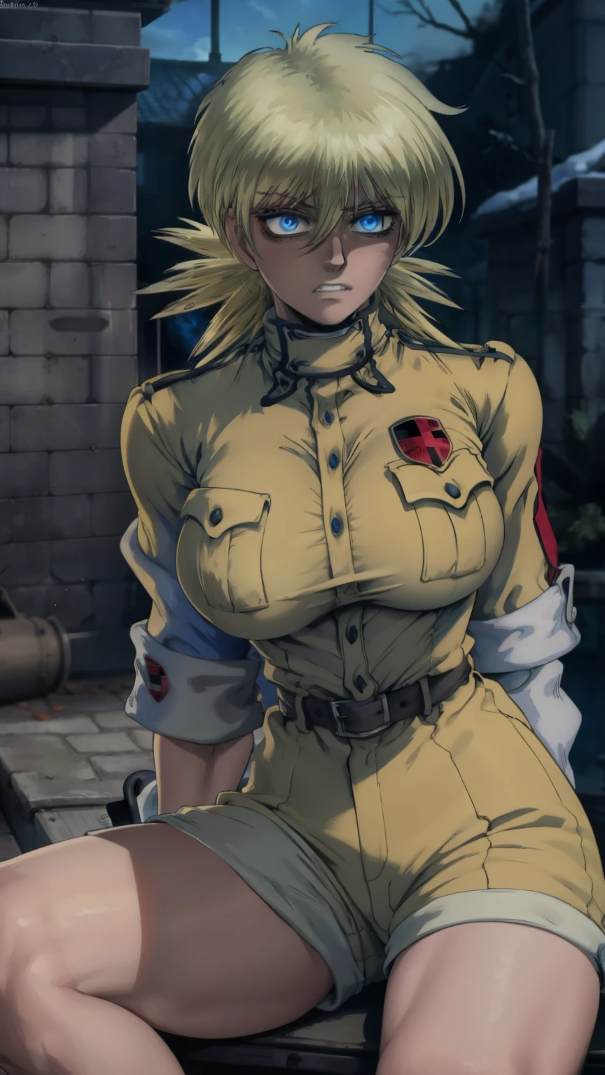 masterpiece, best quality, seras, seras victoria,  hellsing, 1girl, solo, white shorts, long sleeves , sitting, campfire, warm lighting, clenching teeth, annoyed, head tilt, looking to the side, gigantic breasts, breast focus,  boob window, bare breasts, arms at side, arms behind back, Detailed face, Detailed blue eyes, Detailed face, blue eyes, perfect eyes, perfect face, nude