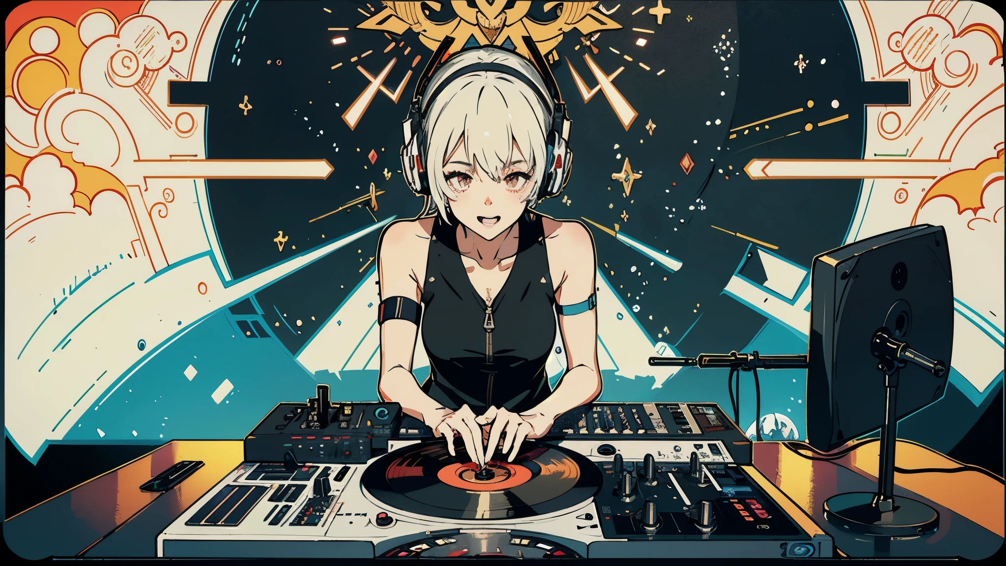 (masterpiece、top quality、8 thousand )、Birdview、overhead camera work、Slender animation sitting at weapon table on laptop with colorful head and headphones, Biology,Lightning, neon glow, beauty, futuristic modern, Rockstar, lock, urgent, Perfect, epicd, bright colors, volume lighting, best shadow, shallow depth of field, (top quality의, amazing detail: 1,25), colorful colorful illustration, fancy, Magic, flicker, glare, neon garland,intricate details,very detailed、a woman、Full of laughter 、(Live Stage:1.3),(Turntable、mixer、sampling machine、Rhythm Box、mixer,synthesizer、monitor:1.2),stage live background、spotlight from behind、surreal,Perfect Anatomy