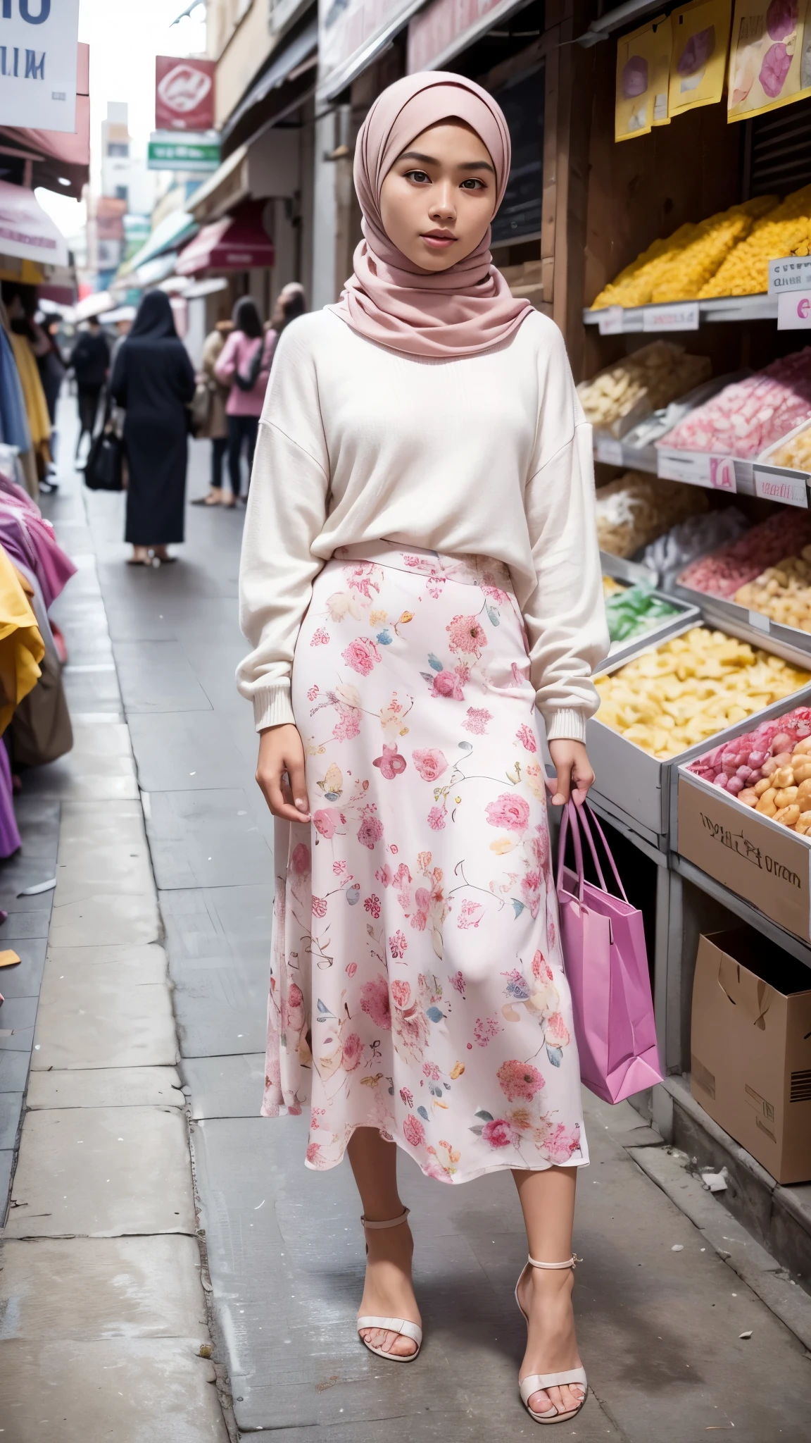 RAW, Best quality, high resolution, masterpiece: 1.3), beautiful Malay woman in hijab,Masterpiece, perfect fit body, Huge breast, big gorgeous eyes, Soft smile,woman in a pink top and floral skirt standing in a mall, feminine in cute pastel shades, feminine in pastel shades, pastel pink, pink pastel, with lovely look, pastel style, wearing beautiful clothes, wearing pink floral chiton, pastel color ,Delicate turtleneck, necklace, shairband, afternoon walk, City mall, Excellent lighting, Bright colors, Clean lines