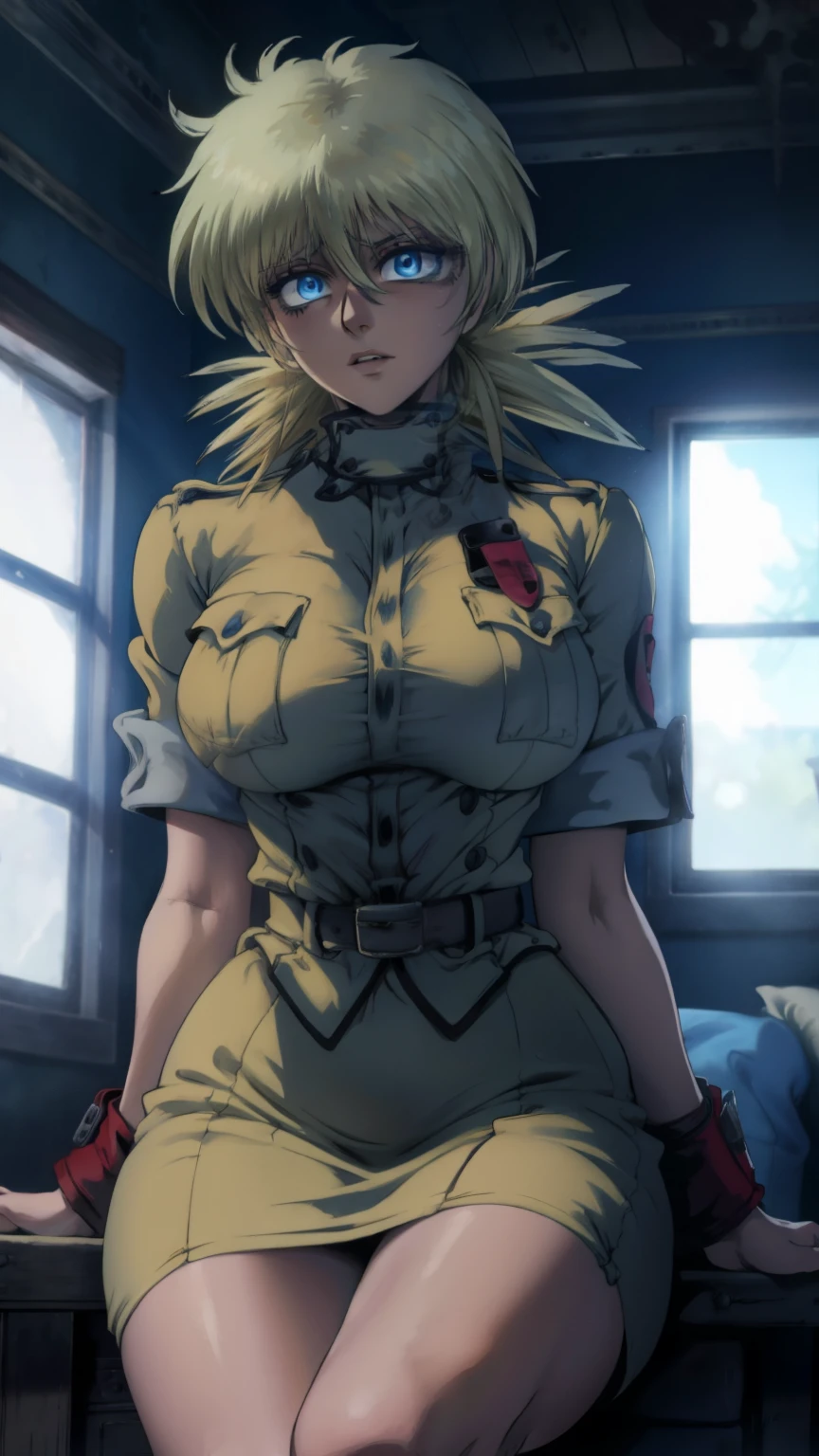 masterpiece, best quality, seras, seras victoria,  hellsing, 1girl, solo, , sitting,, warm lighting, lustful gaze, in heat, horny, head tilt, looking to the side, gigantic breasts, breast focus,  boob window, bare breasts, arms at side, arms behind back, Detailed face, Detailed blue eyes, Detailed face, blue eyes, perfect eyes, perfect face, nude