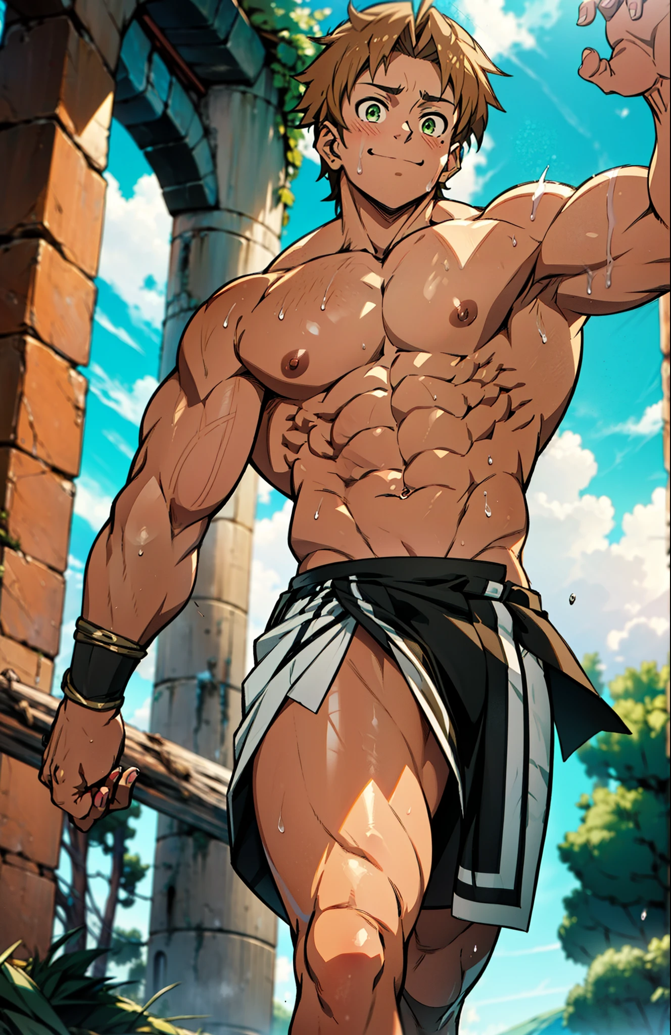 Showing off his muscular muscular back, red skin, bright red skin, the boy blushed shyly , rosy skin, shiny skin(muscular thigh muscles )( anime style, art) (photo angle from bottom up) (photo angle from the ground upwards) [Anime photo][highest quality photo][4k,HD photo quality ] wear tight and short loincloths , bulging loincloths, torn loincloths, wet loincloths, ancient, dirty loinclothuscular thigh muscles, firm thigh muscles, muscular thigh muscles, sinewy thigh muscles, giant thigh muscles, strong leg muscles, muscular hamstring leg muscles)(thigh muscles bulging as if about to explode, muscular, calloused, sinewy, giant) , Rudeus Greyrat,fun, happy, huge body, muscular and muscular, bodybuilder, bodybuilding, standing, lots of sweat flowing down, topless, shirtless, hot sunny, 8 pack abs , short hair , green eyes,  Raise your arms high to reveal your armpits, Hands behind the head.