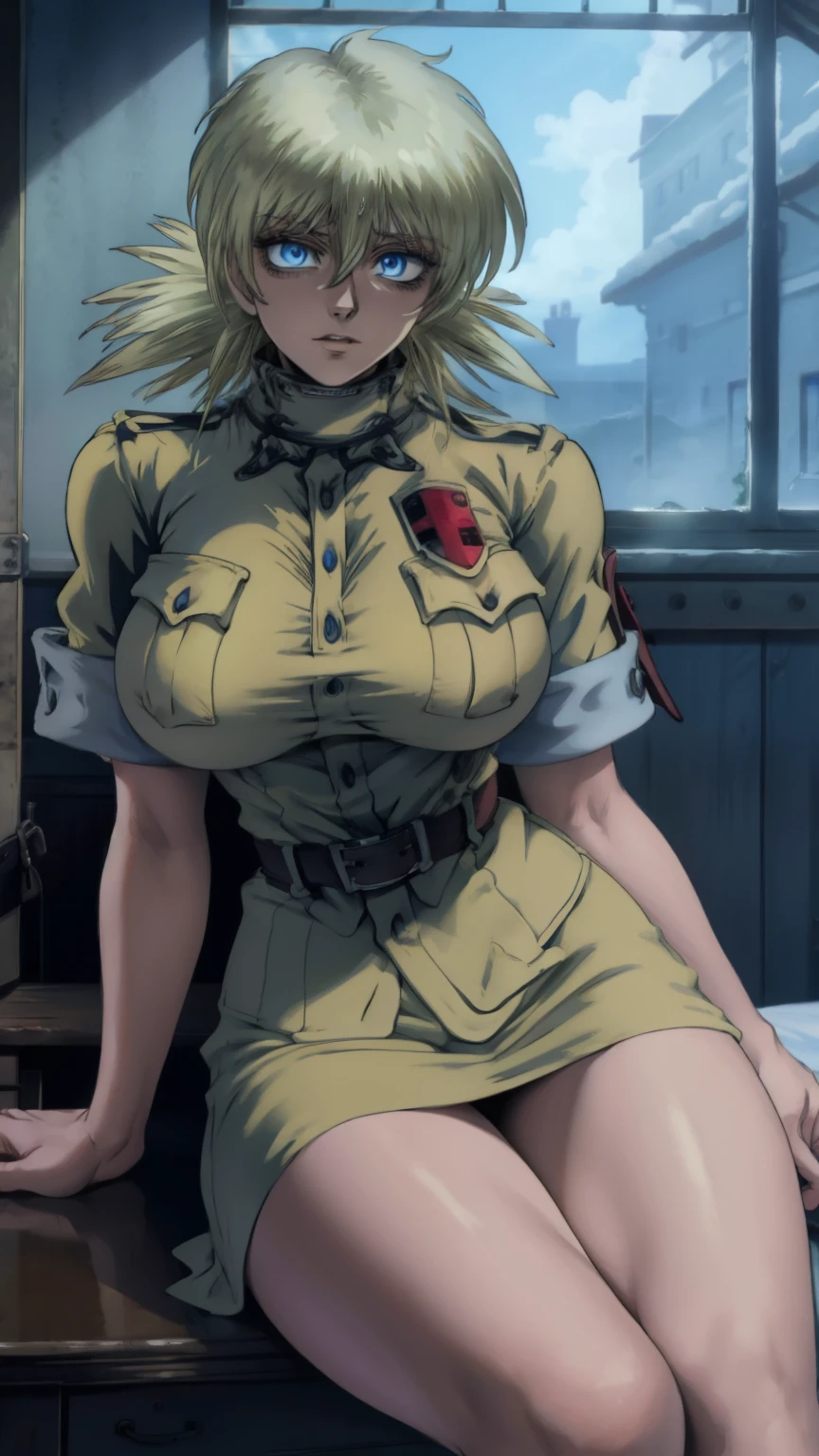 masterpiece, best quality, seras, seras victoria, hellsing, 1girl, solo, , sitting,, warm lighting, lustful gaze, in heat, horny, head tilt, looking to the side, gigantic breasts, breast focus, boob window, bare breasts, arms at side, arms behind back, Detailed face, Detailed blue eyes, Detailed face, blue eyes, perfect eyes, perfect face, nude