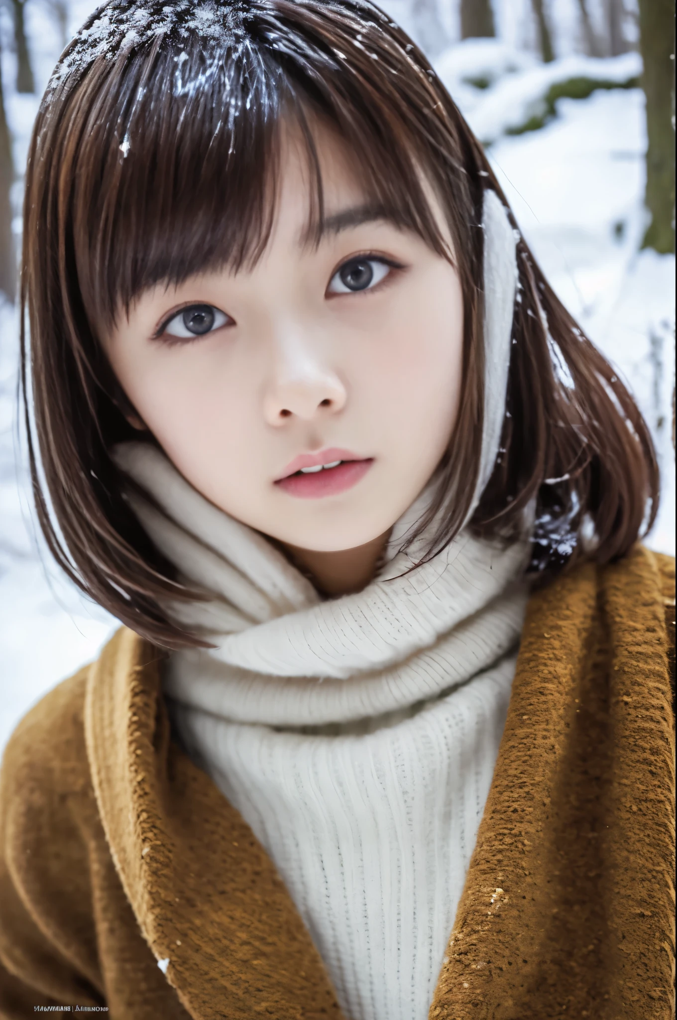 in the snowy forest, japanese girl, winter knit sweater, Yuki, pupils shine, brown short hair, big breasts, realistic portrait, depth of field, f/1.8, anatomically correct, rough skin, Super detailed, advanced details, high quality, Super detailed, advanced details, high quality, 最high quality, High resolution