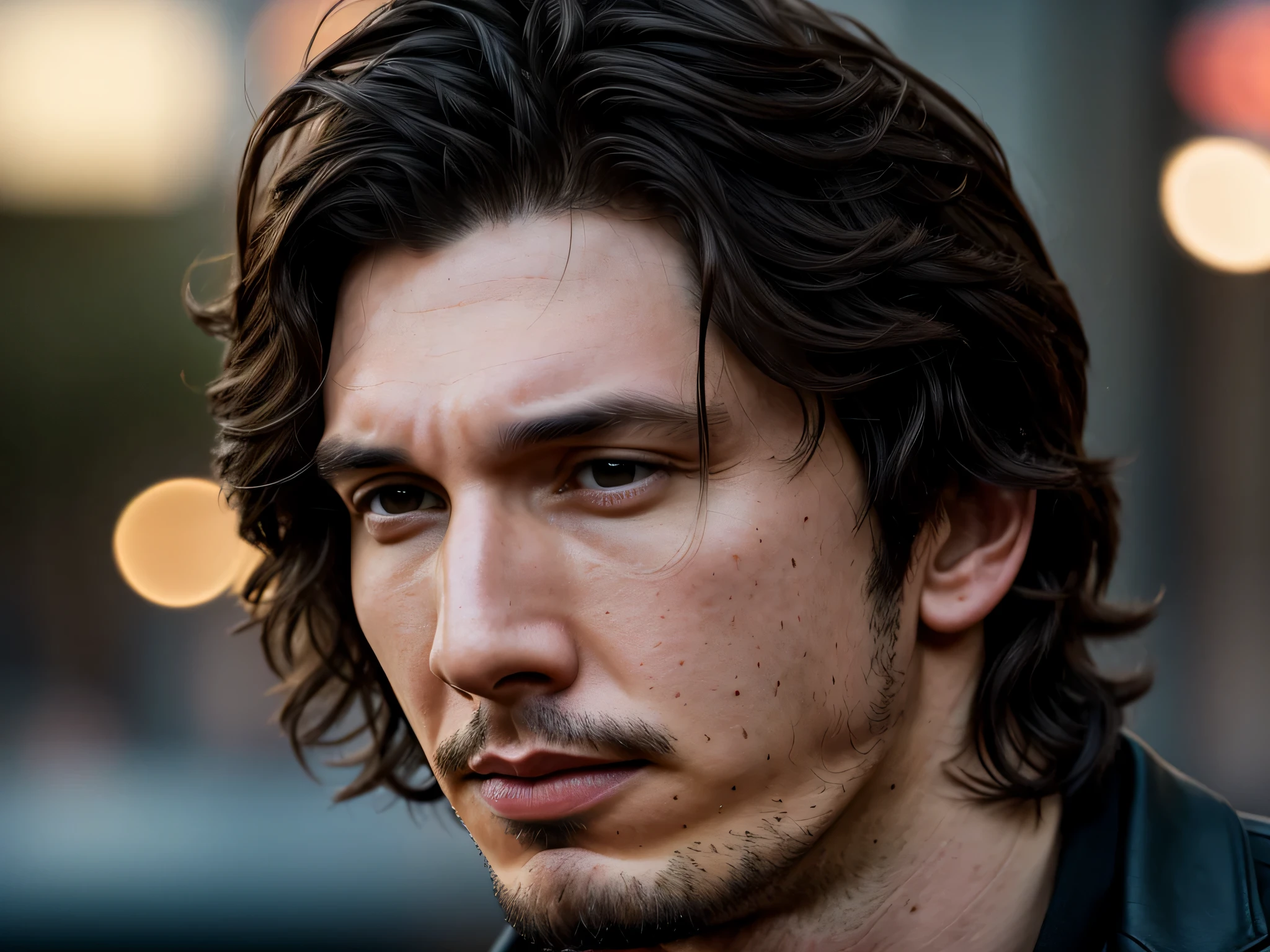 Ator Adam Driver. cabelo castanho, sem barba, realismo, Cinematic lighting, fechar-se, bokeh, 4k