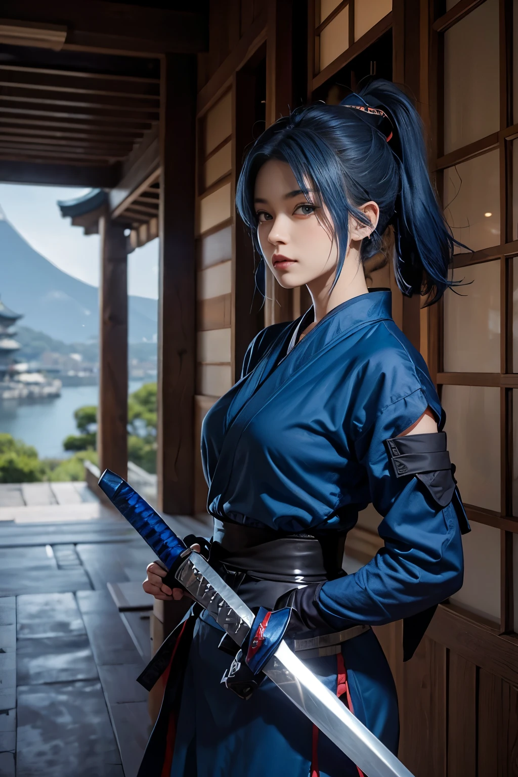 female ninja、blue hair、Hairpin、blue clothes、Ninja sword、japanese castle、front