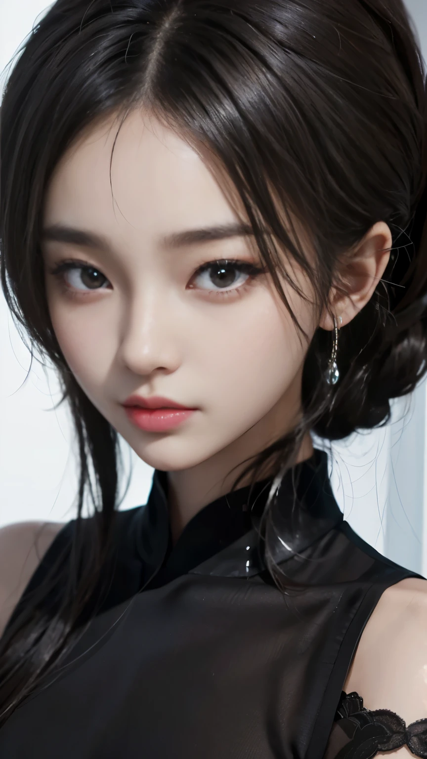 Close-up of a woman in a black dress posing for a photo, beautiful asian girl, korean girl, cute girl～well-groomed face, beautiful korean woman, gorgeous young korean woman, sakimichan, beautiful young korean woman, Beautiful girl face in Japan, Yanjun Chen, cute delicate face, gorgeous chinese model, Beautiful detailed body and face