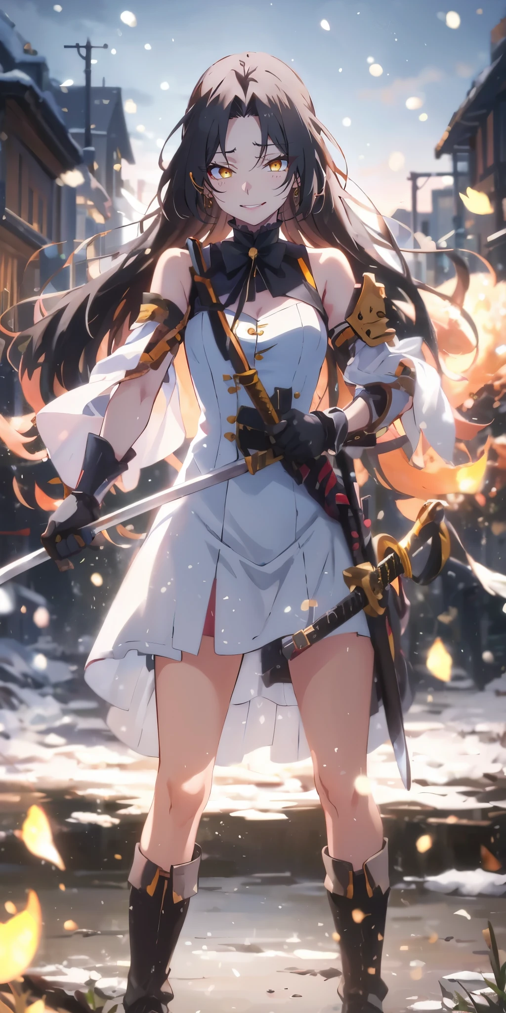 (black hair, long hair:1.4), forehead, yellow eyes, 1girl, solo, dress, floating_hair, standing, breasts, katana, boots, looking_at_viewer, holding_katana, white_dress, medium_breasts, snowing, short_dress, gloves, armor, sword, sleeveless_dress
