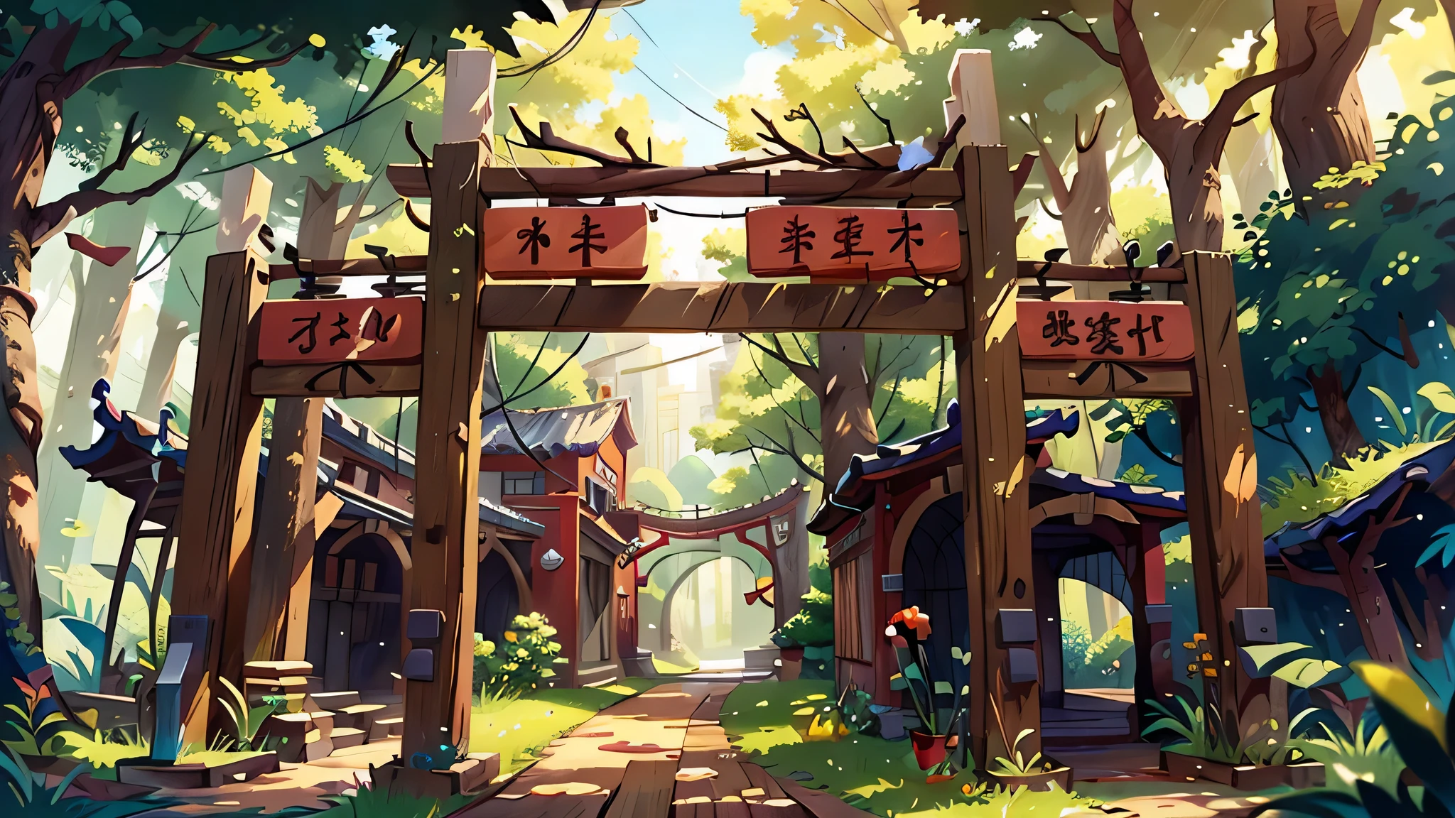 Line drawing coloring,HD,Chinese style,red arch,Green woods background,it's clear
