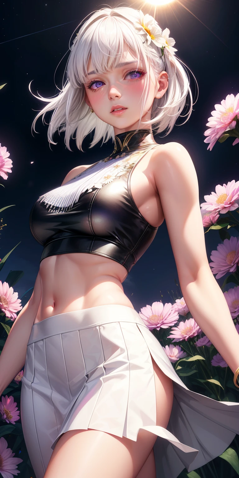 realistic, 1girl, white hair, purple eyes, glowing eyes, crop top, skirt, parted lips, blush, night, flowers, sun, sunlight,