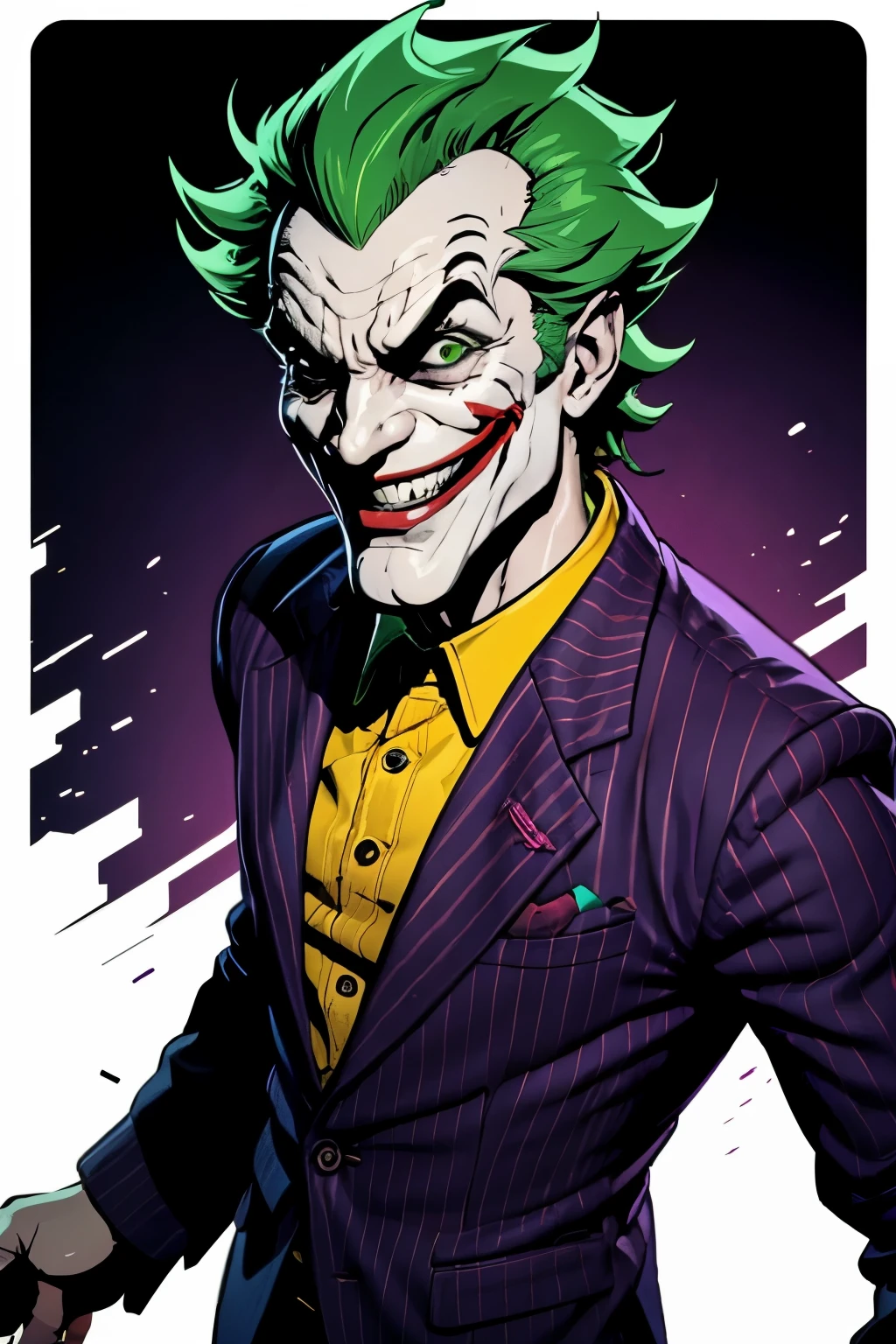 half body illustration, (cel-shading style:1.3), centered image, tshirt design, ultra detailed illustration of Joker, 40 years old, strong, DC Comics, crazy smiling face, mad laugh, green hair, purple suit,he has a flower on his suit, he has a crow bar on his back, posing, (tetradic colors), inkpunk, (ink lines:1.1), strong outlines, art by MSchiffer, bold traces, t-shirt design, high contrast, (cel-shaded:1.1), vector, 32k resolution, best quality, flat colors, flat lights