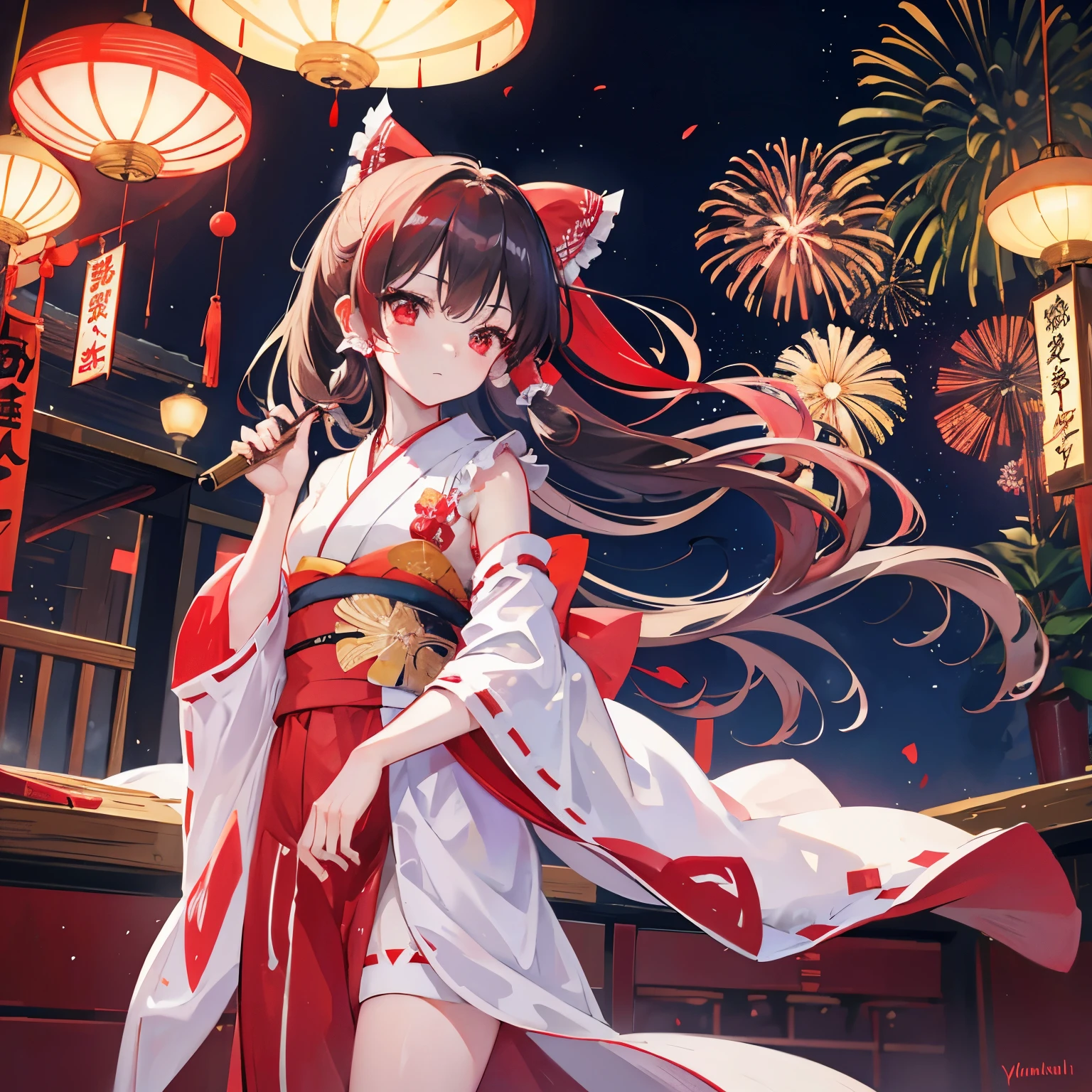 Reimu Hakurei in kimono, masterpiece, small details, 4k, 8k, 12k, alone, alone, beautiful girl, white woman, red dress, yukata, kimono, Summer festival, night, firework