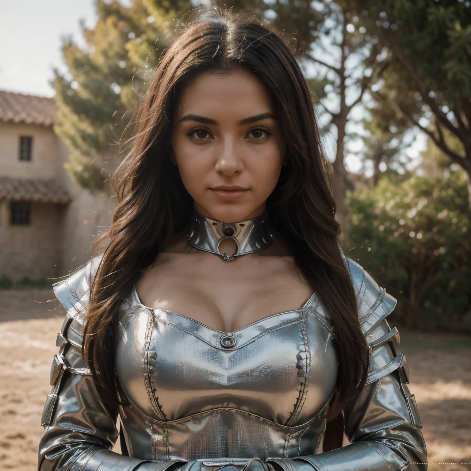(Obra maestra), (extremadamente intrincado:1.3), (realista), portrait of a girl, la mas bella del mundo, (armadura medieval), parte superior del cuerpo, al aire libre, luz solar intensa, castillo lejano, dragon en el cielo lejano, Detailed professional photography of a stunning woman., sharp focus, Dramatic, premiado, cinematic lighting, octanaje render motor irreal, volumetric dtx, (film grain, fondo borroso, primer plano borroso, bokeh, Profundidad de campo, atardecer, Desenfoque de movimiento:1.3), cota de malla