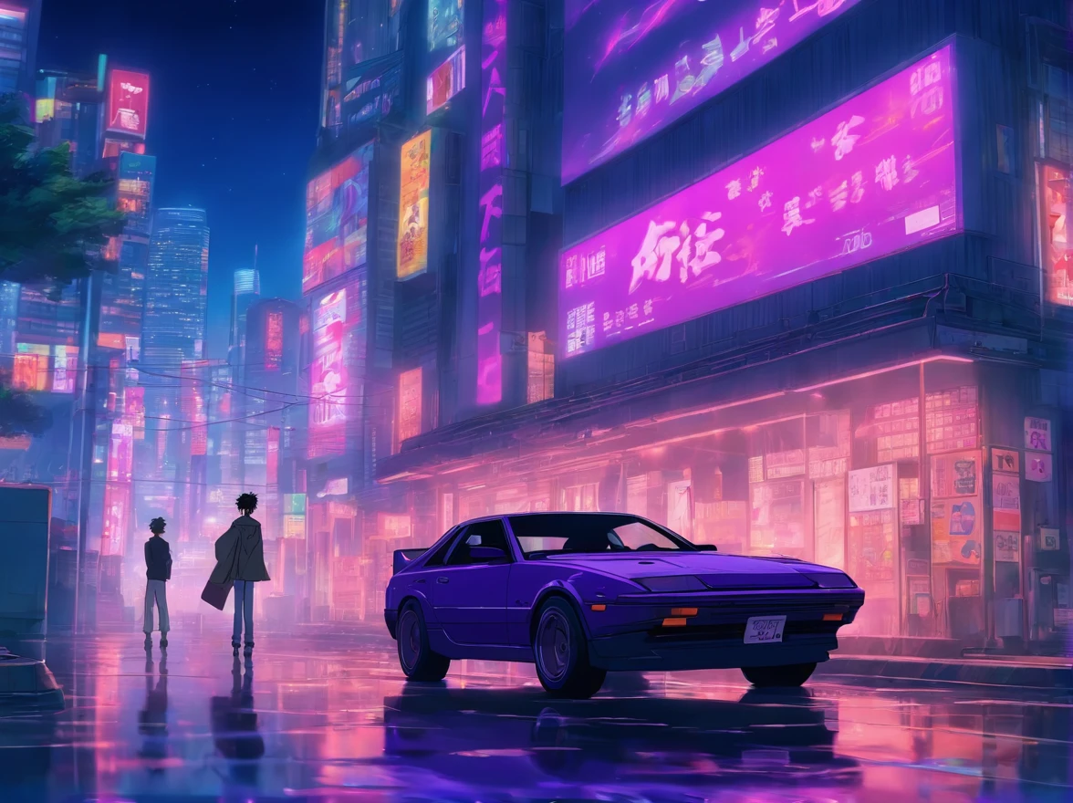 purple car with a man standing on top of it in front of a building, initial d anime screenshot, 9 0 s anime aesthetic, art deco outrun anime aesthestic, initial d anime, initial d anime 1 0 8 0 p, initial d, lofi artstyle, anime movie screenshot, anime movie scene, akira vibes, style of akira motion movie