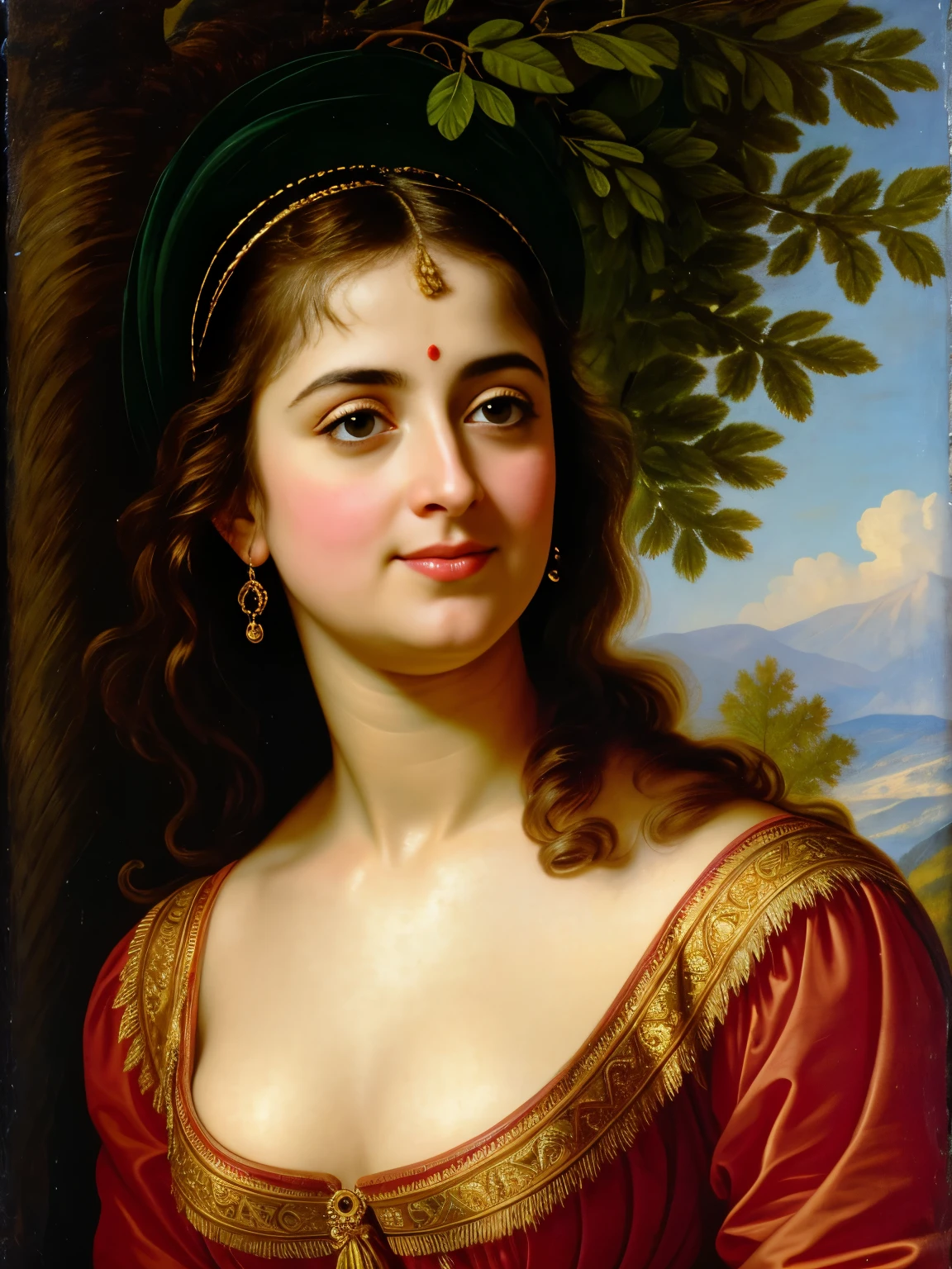 Looks like Anushka Shetty, Masterpiece, Best quality, high clarity eyes, big natural breast, critically flawless,sharp picture, Full portrait, High pixels, perfect face, perfect eyes, beautiful face, perfect hands,perfect fingers, in Peter Paul Rubens style, by Peter Paul Rubens, baroque style, acrylic on canvas, highly detailed, description: "Create a nymph inspired by the tales of Greek or Roman mythology, embodying the essence of a natural element or location, and possessing a unique ability or trait that sets her apart.", strapless Bra of ancient times, strapless bralette, armpits showing,