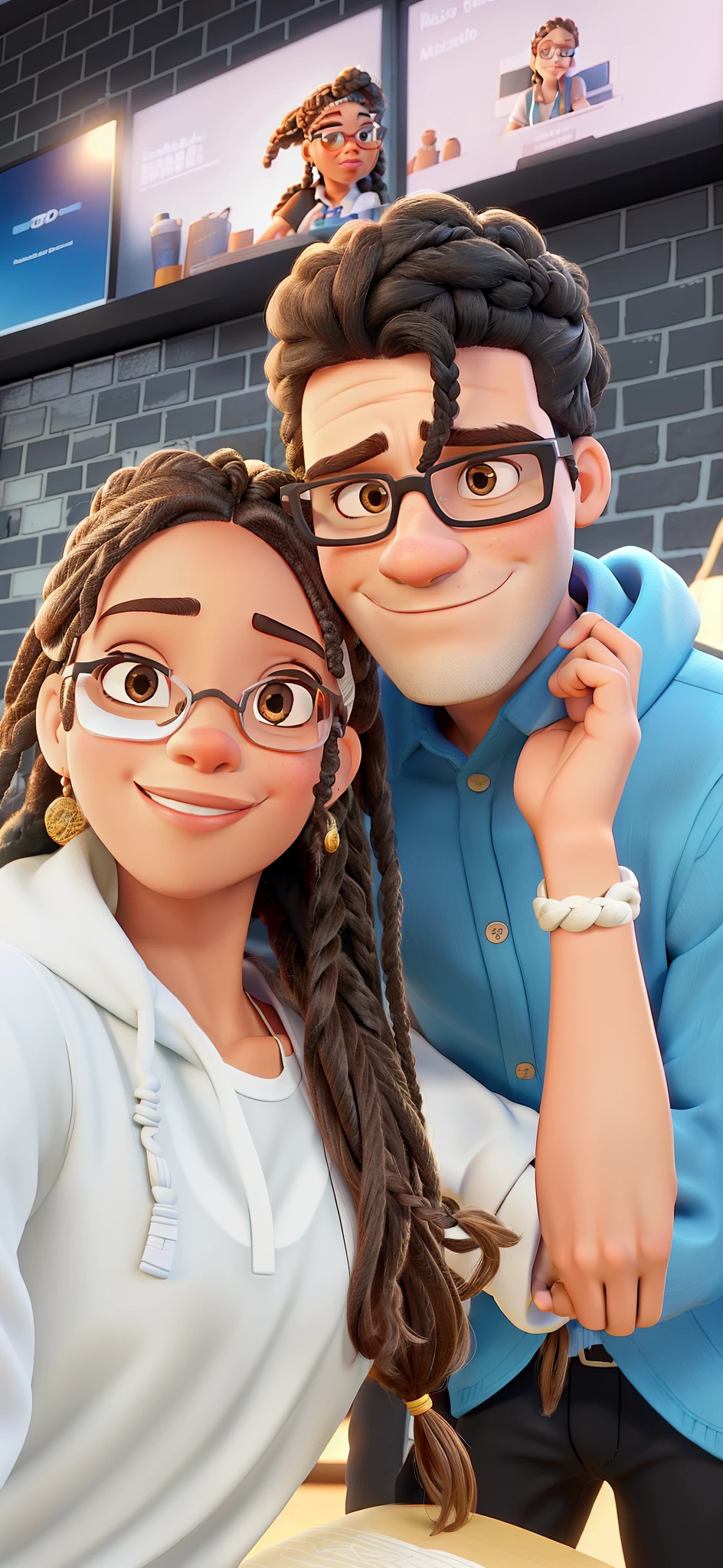 Casal (white man with glasses and black woman with braided hair) no estilo Disney Pixar, alta qualidade, melhor qualidade.
