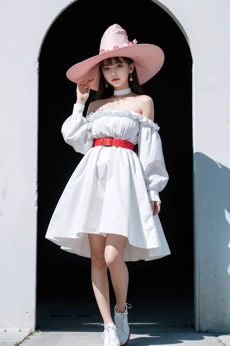 (best quality), ((masterpiece)), (high resolution), illustration, The original, Very detailed, BREAK 1 girl, alone, witch have, skirt, long hair, have, black background, jewelry, white tiara, white skirt, flower, earrings, whole body, Smile, white hair, flower瓣, looking at the audience, 白色shoe类, long sleeves, pink eyes, Permanently installed, shoe, Bangs, witch, simple background, red eyes, white theme, belt, red flower, collar, have条纹的, Raise your hand, decorate, Keep your mouth shut, skirt固定, Vertical stripes