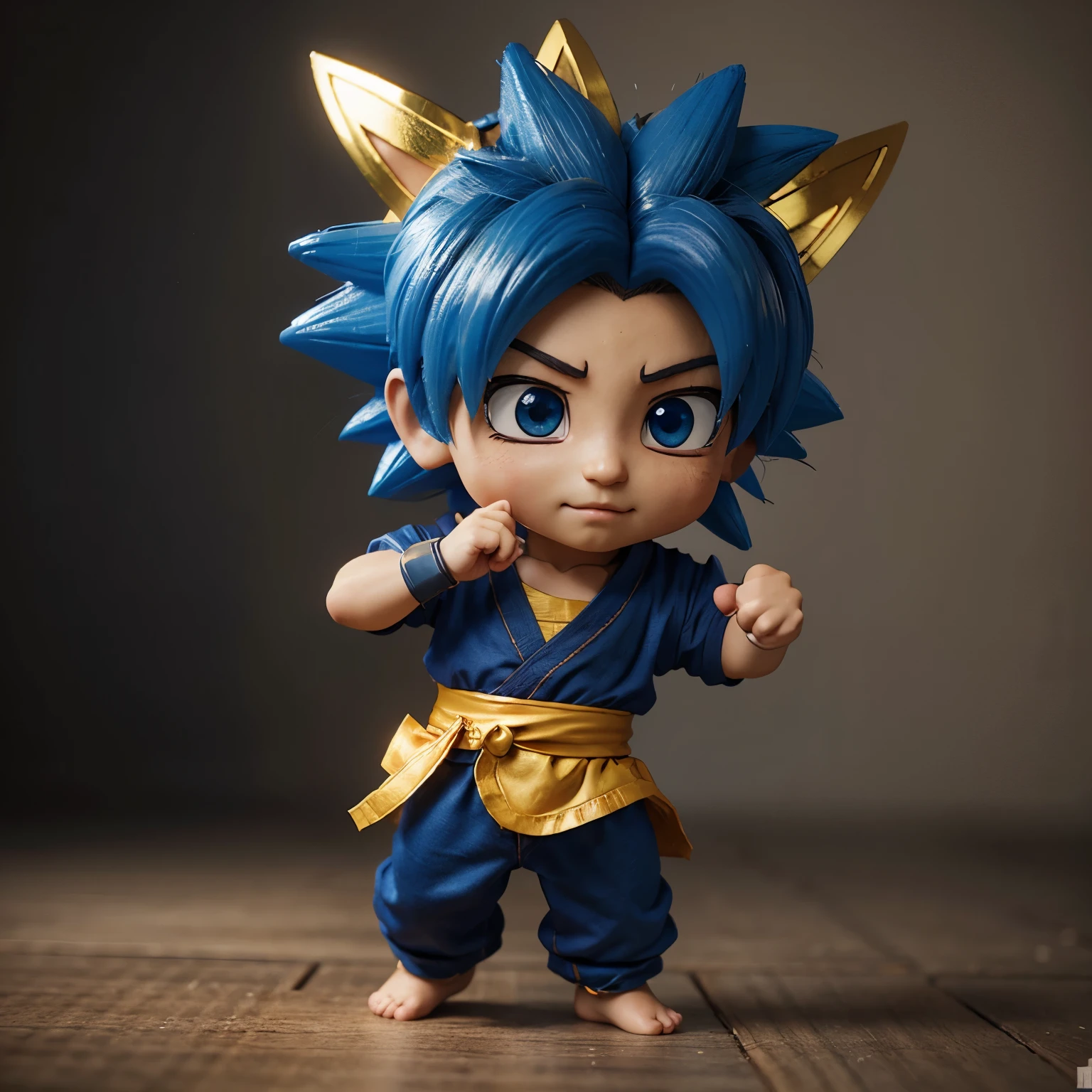 Chibi cute Goku in blue and gold tones on the name "Joel", illustration, 3d render, photo, realistic., 3d render, photo