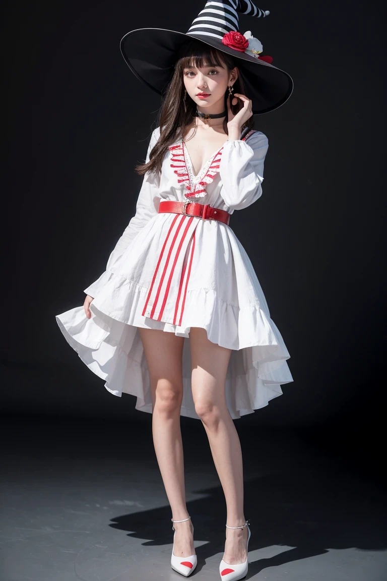 (best quality), ((masterpiece)), (high resolution), illustration, The original, Very detailed, BREAK 1 girl, alone, witch have, skirt, long hair, have, black background, jewelry, white tiara, white skirt, flower, earrings, whole body, Smile, white hair, flower瓣, looking at the audience, 白色shoe类, long sleeves, pink eyes, Permanently installed, shoe, Bangs, witch, simple background, red eyes, white theme, belt, red flower, collar, have条纹的, Raise your hand, decorate, Keep your mouth shut, skirt固定, Vertical stripes