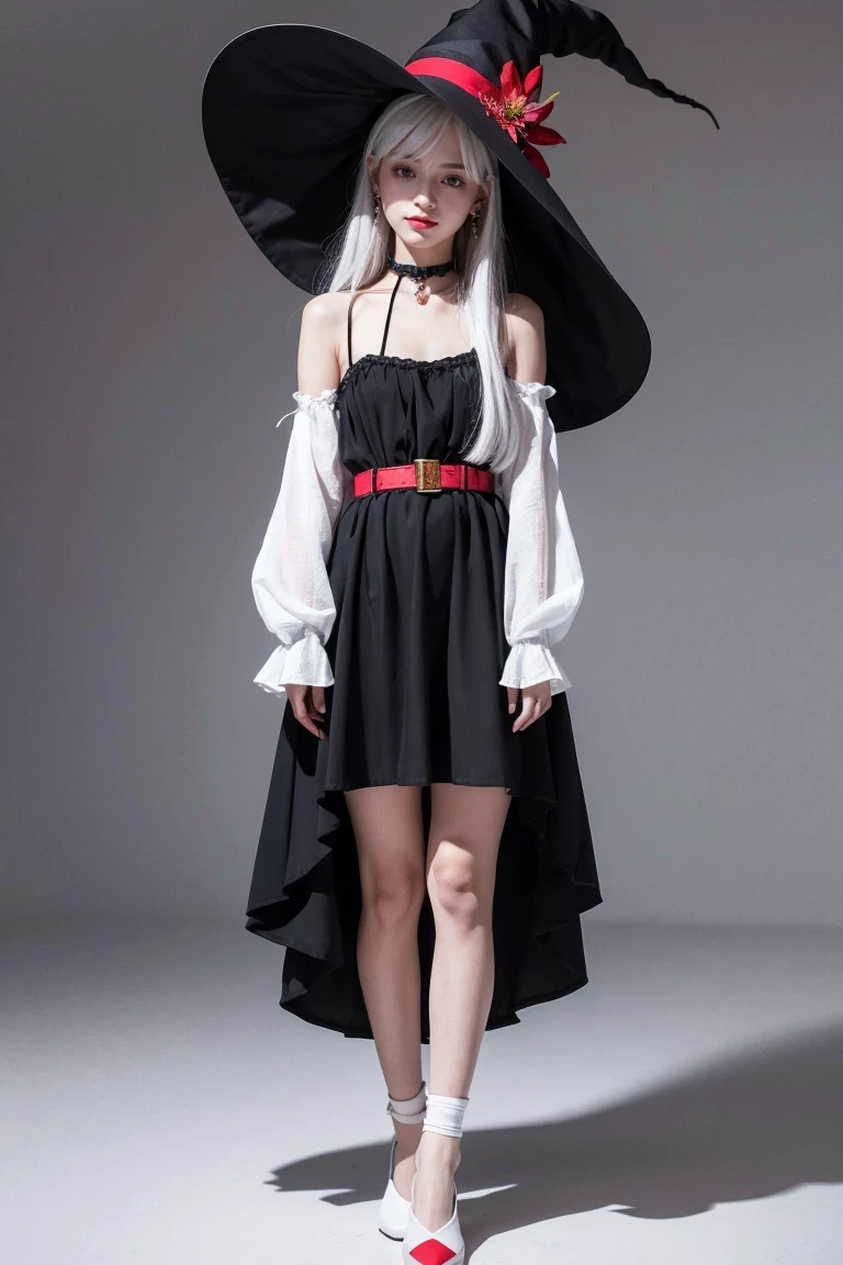 (best quality), ((masterpiece)), (high resolution), illustration, The original, Very detailed, BREAK 1 girl, alone, witch have, skirt, long hair, have, black background, jewelry, white tiara, white skirt, flower, earrings, whole body, Smile, white hair, flower瓣, looking at the audience, 白色shoe类, long sleeves, pink eyes, Permanently installed, shoe, Bangs, witch, simple background, red eyes, white theme, belt, red flower, collar, have条纹的, Raise your hand, decorate, Keep your mouth shut, skirt固定, Vertical stripes
