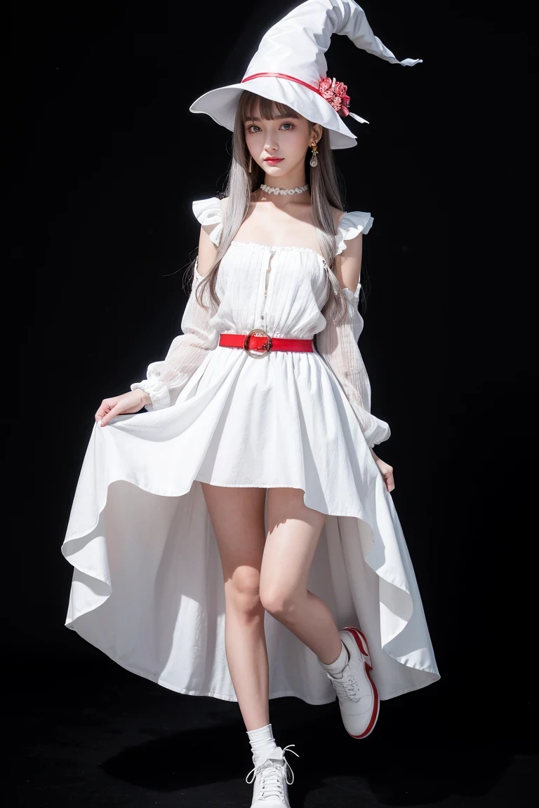 (best quality), ((masterpiece)), (high resolution), illustration, The original, Very detailed, BREAK 1 girl, alone, witch have, skirt, long hair, have, black background, jewelry, white tiara, white skirt, flower, earrings, whole body, Smile, white hair, flower瓣, looking at the audience, 白色shoe类, long sleeves, pink eyes, Permanently installed, shoe, Bangs, witch, simple background, red eyes, white theme, belt, red flower, collar, have条纹的, Raise your hand, decorate, Keep your mouth shut, skirt固定, Vertical stripes