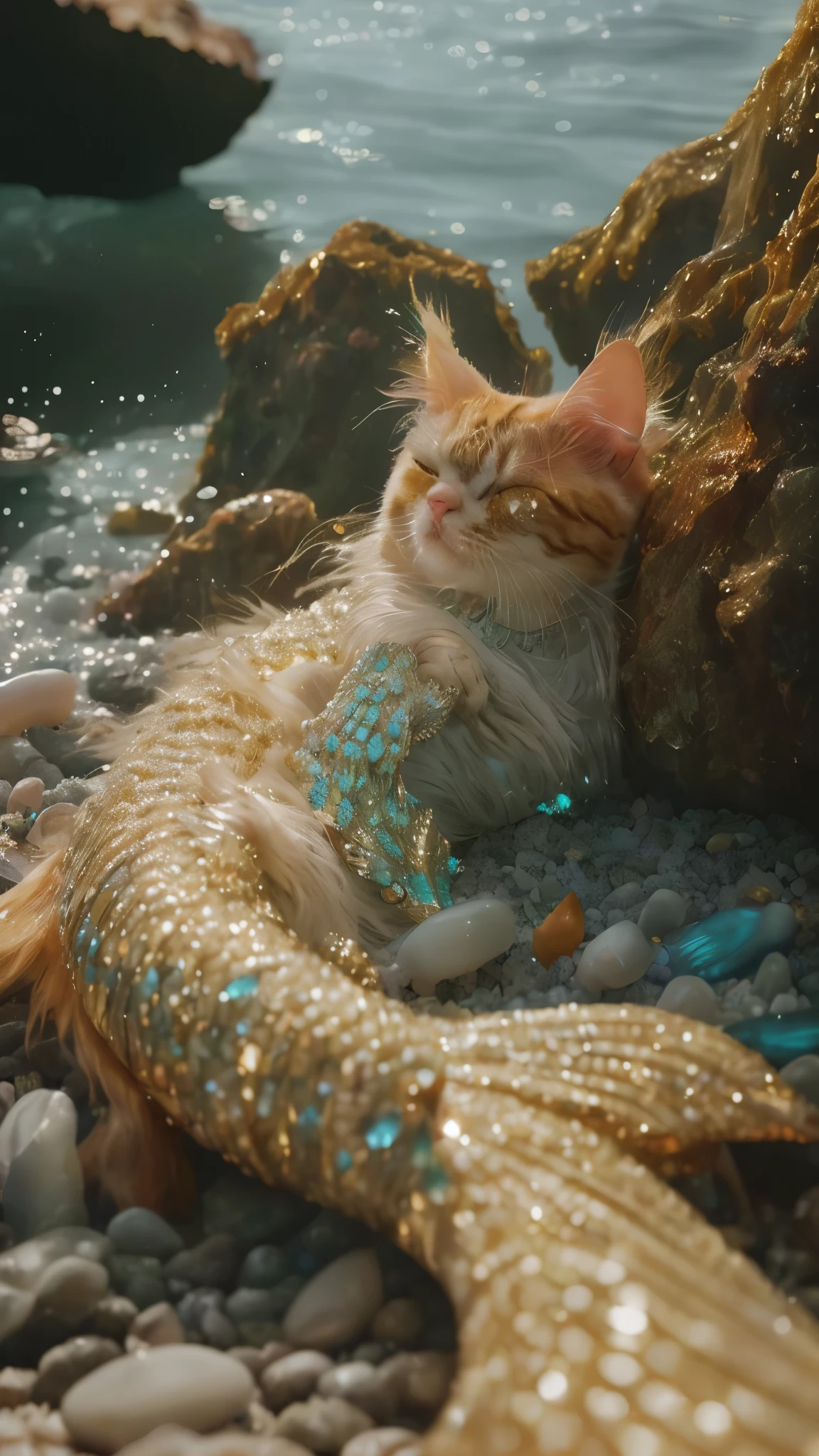 there is a cat that is laying on a Mermaid tail, Beautiful animal pearl queen, covered in jewels, covered in crystals and glitter, studded with jewels, cat seahorse shapeshifter, beautiful Mermaid, Cat Seahorse Fursona, Strike a hot and majestic pose, sparkling in the sun, dazzled, crystal scales, Mermaid, beautiful cat, made of crystals
