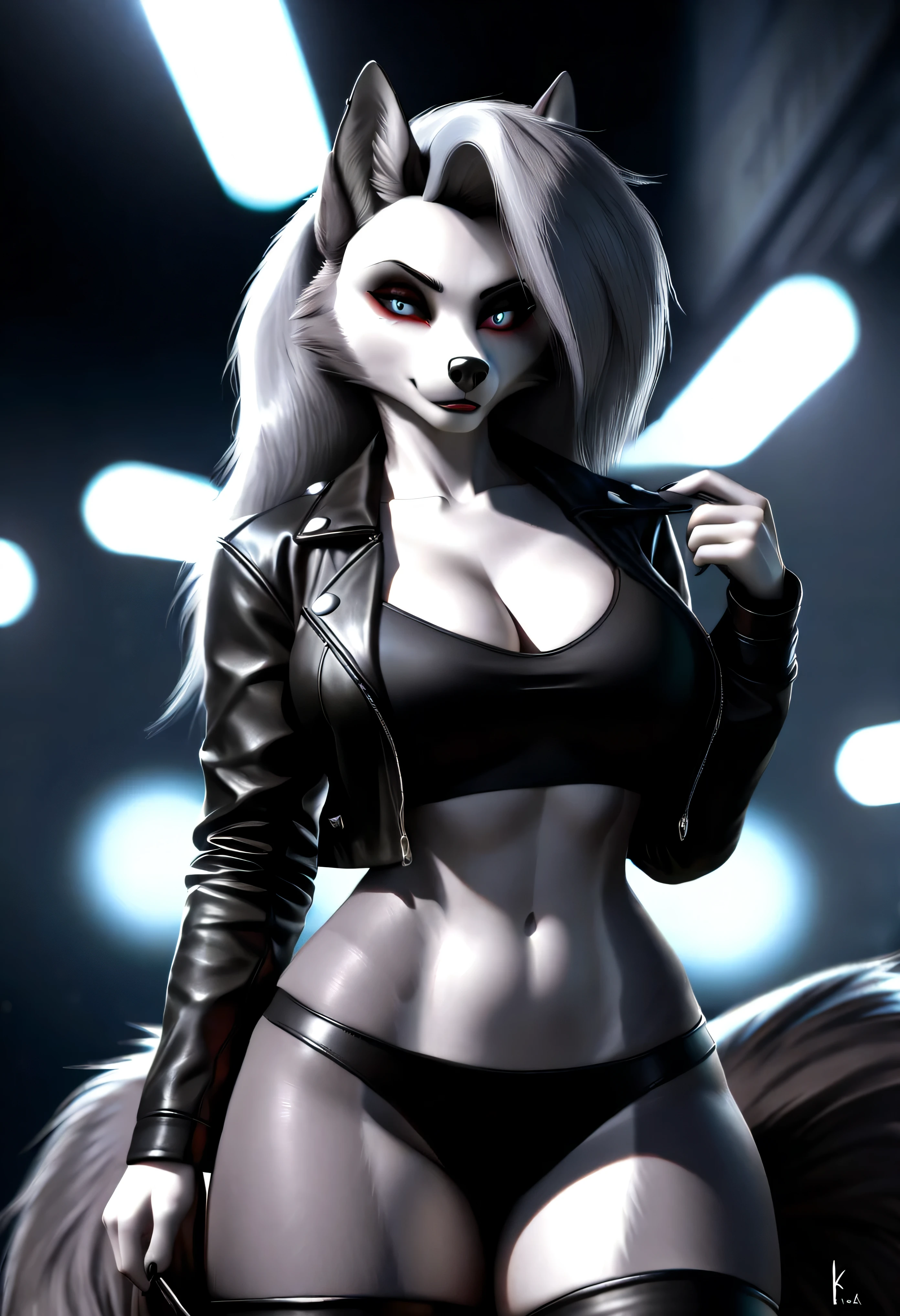 4k highly detailed realistic digital extremely high quality drawing, masterpiece, (by keeltheequine), (uploaded on e621), (a three-quarters portrait of Loona from Helluva Boss), (wearing a leather jacket), (beautiful and detailed eyes: 1.1), anthro wolf, fur, seductive, sexy, voluptuous, curvy body, cinematic lighting, (f1.8 short focus bokeh)