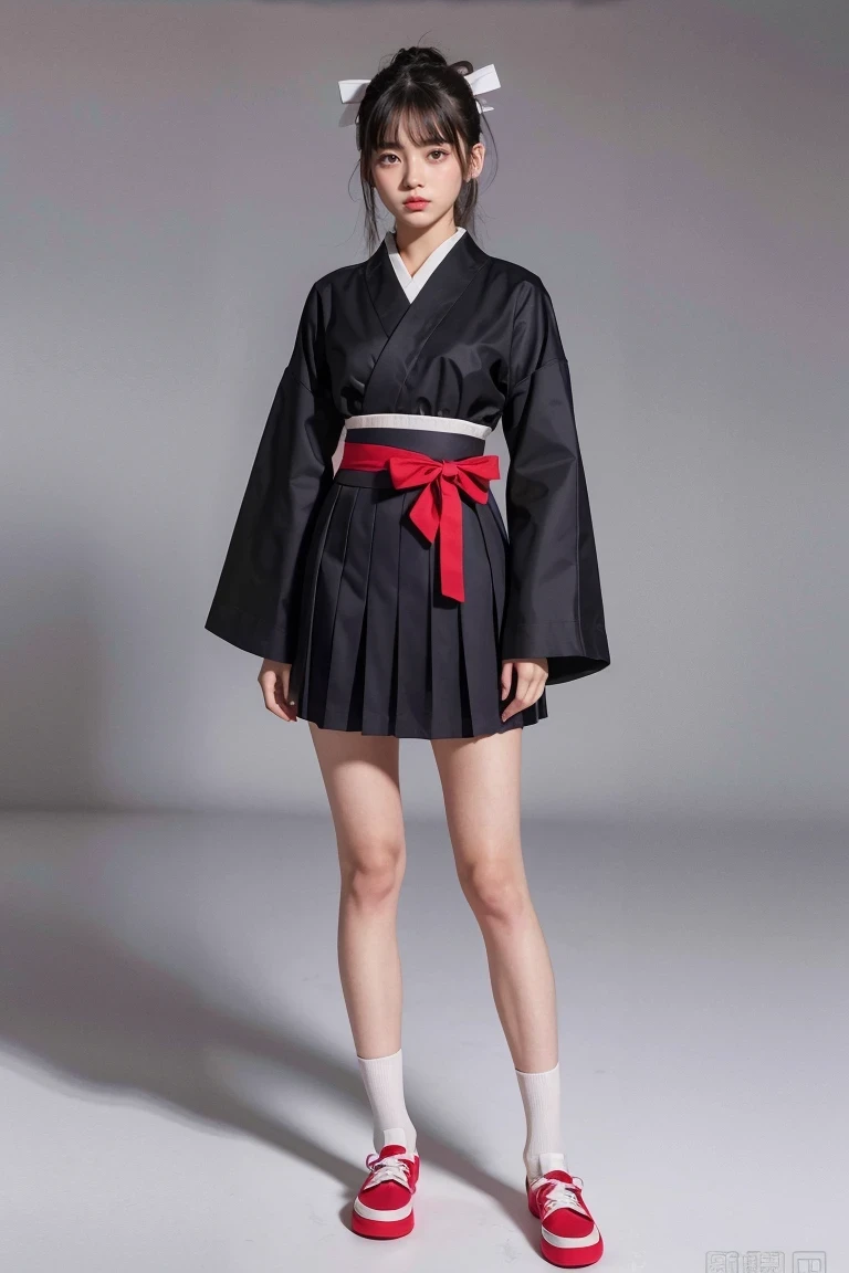 (best quality), ((masterpiece)), (high resolution), illustration, The original, Very detailed, 1 girl, alone, wide sleeves, black hair, whole body, gray background, japanese clothes, Bangs, looking at the audience, long sleeves, or, Permanently installed, simple background, sock, watermark, hair tie, side lock, blunt Bangs, red footwear, Keep your mouth shut, skirt, purple eyes, twice as good, bow, braid, white sock, white bow, hair bow, besides, Sleeves extend beyond wrists, shrine maiden, long hair, red skirt, hair accessories, kimono, Poker face