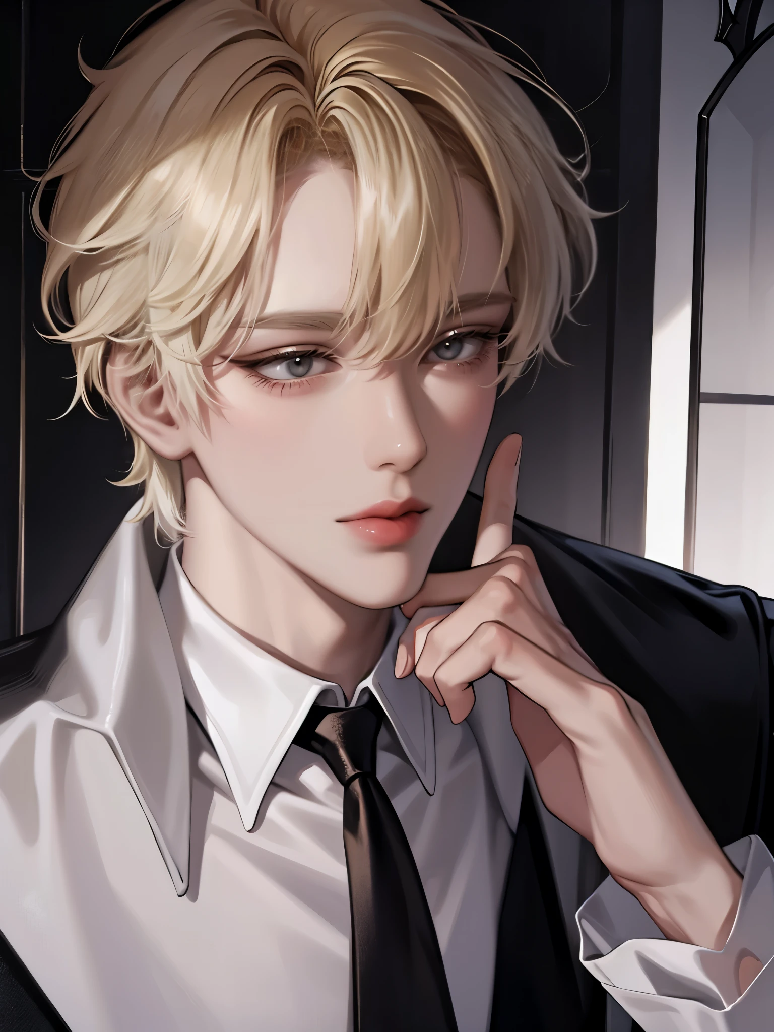 boy with blond hair、glare、gothic fashion