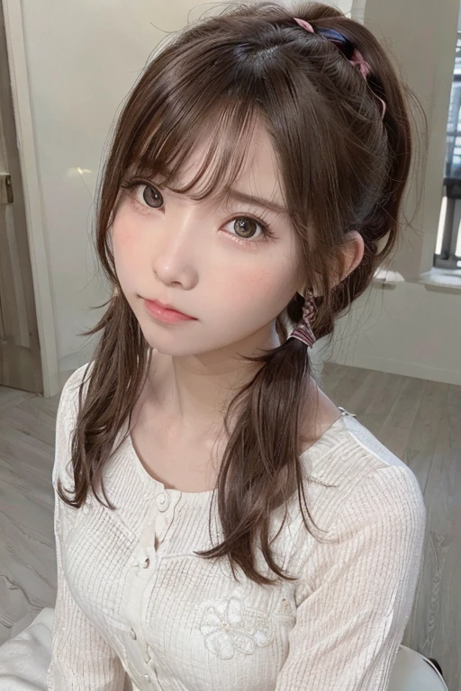 masterpiece, highest quality, High resolution,super detailed, amazingly beautiful woman,8k wall,one girl, (a beauty girl, delicate girl:1.3), (13 years old:1.5), break, (white shirt,long skirt:1.3), break, (symmetrical eyes:1.3), break, (Indoor 1.4), break, small breasts, brown eyes, parted bangs, black hair, (ponytail:1.3), break,girl, (Eye and face details:1.3),break,best smile,