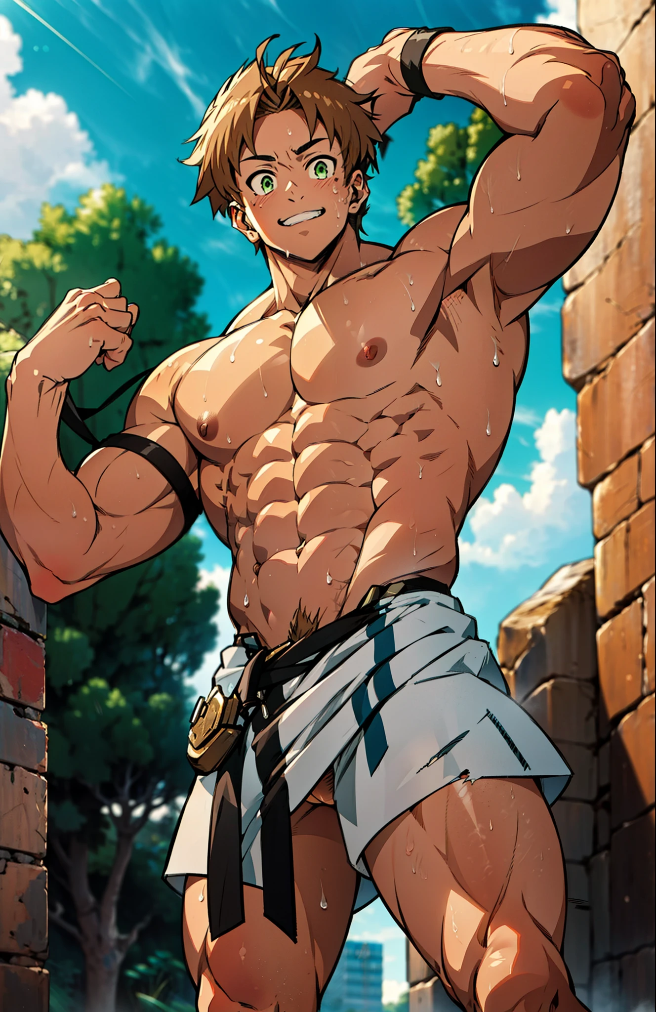 Showing off his muscular muscular back, red skin, bright red skin, the boy blushed shyly , rosy skin, shiny skin(muscular thigh muscles )( anime style, art) (photo angle from bottom up) (photo angle from the ground upwards) [Anime photo][highest quality photo][4k,HD photo quality ] wear tight and short loincloths , bulging loincloths, torn loincloths, wet loincloths, ancient, dirty loinclothuscular thigh muscles, firm thigh muscles, muscular thigh muscles, sinewy thigh muscles, giant thigh muscles, strong leg muscles, muscular hamstring leg muscles)(thigh muscles bulging as if about to explode, muscular, calloused, sinewy, giant) , Rudeus Greyrat,fun, happy, huge body, muscular and muscular, bodybuilder, bodybuilding, standing, lots of sweat flowing down, topless, shirtless, hot sunny, 8 pack abs , short hair , green eyes,  Raise your arms high to reveal your armpits, Hands behind the head.