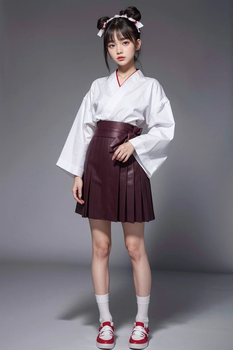 (best quality), ((masterpiece)), (high resolution), illustration, The original, Very detailed, 1 girl, alone, wide sleeves, black hair, whole body, gray background, japanese clothes, Bangs, looking at the audience, long sleeves, or, Permanently installed, simple background, sock, watermark, hair tie, side lock, blunt Bangs, red footwear, Keep your mouth shut, skirt, purple eyes, twice as good, bow, braid, white sock, white bow, hair bow, besides, Sleeves extend beyond wrists, shrine maiden, long hair, red skirt, hair accessories, kimono, Poker face