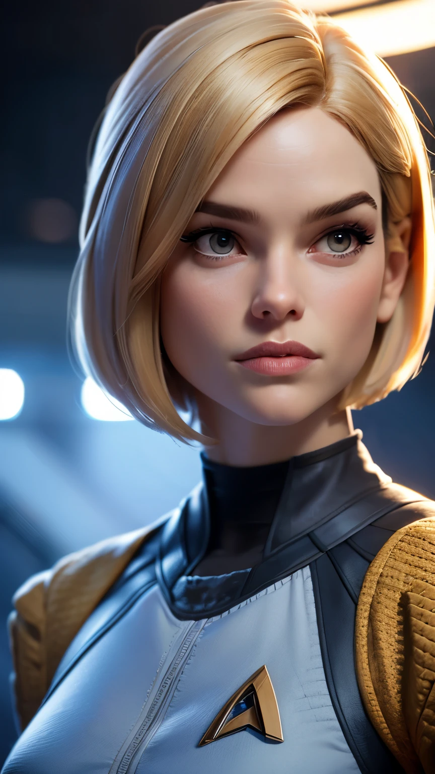 photo of Alice Eve (carol marcus from Star Trek into darkness), RAW, beautiful woman, ((portrait)), ((detailed face:1.2)), ((detailed facial feature, detailed skin, clear skin), (perfect proportioned body), (short bob cut hair), (wearing star trek ev suit), (high detailed star trek environment), (realistic photo, best quality, detailed), (8k wallpaper), (cinematic lighting, dramatic lighting) (sharp focus, intricate)