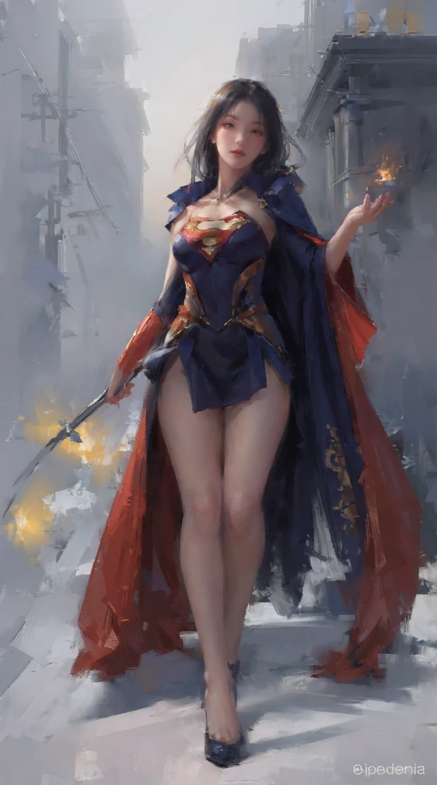 game character, East Asian original art character design, 1 girl, alone,[:(gradient background:1.5):40],whole body,big breasts, Supergirl costume dress,atmospheric perspective, Sony FE,
