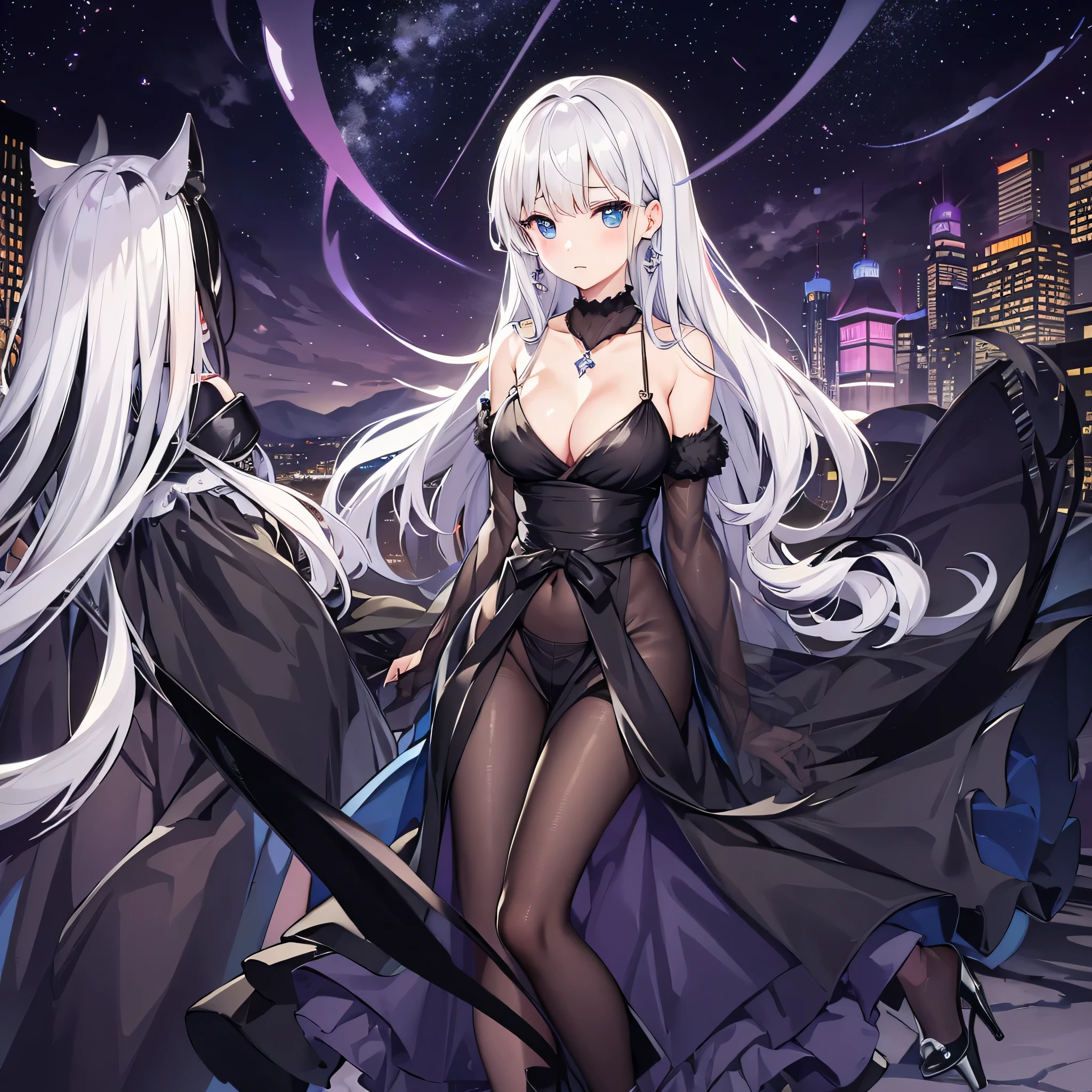 highest quality、night view、（妖美なwoman）、mysterious night sky、Light black dress、gorgeous fur long coat、beautiful waist、medium long hair、Big eyey face turned red、Modest necklace、earrings、wet clothes、The nipples are transparent、roll up a long skirt、high heels、40 denier、beautiful clavicle、silver hair、upper grade、woman１people々