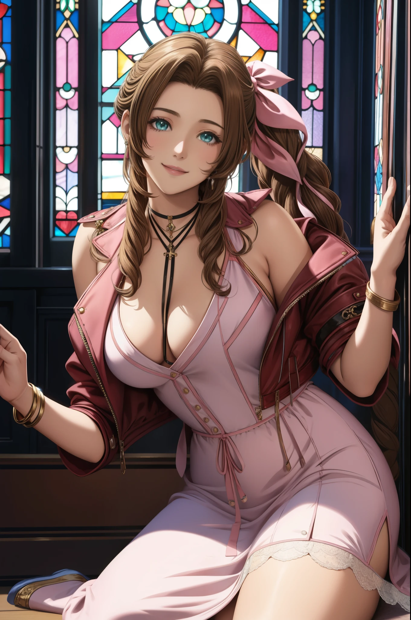 masterpiece, highest quality, Aerith Gainsbourg, choker, cropped jacket, hair ribbon, bracelet, pink dress, looking at the viewer, leaning forward, smile, closed mouth, indoor, stained glass window 