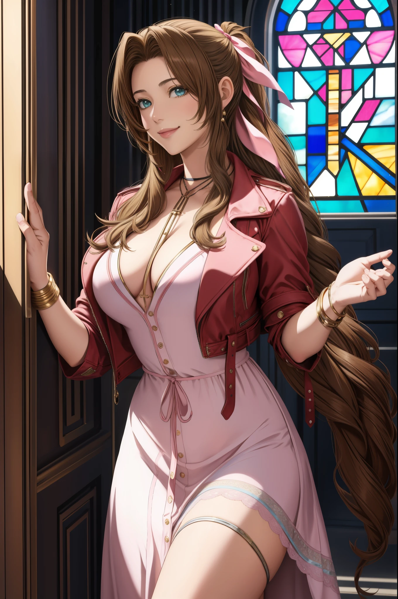 masterpiece, highest quality, Aerith Gainsbourg, choker, cropped jacket, hair ribbon, bracelet, pink dress, looking at the viewer, leaning forward, smile, closed mouth, indoor, stained glass window 