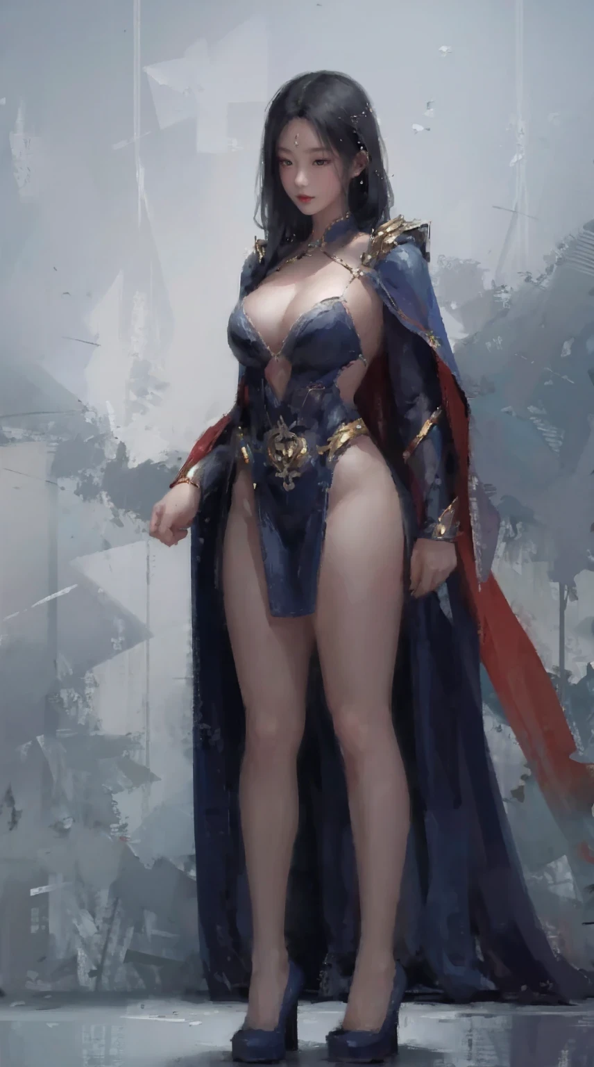 game character, East Asian original art character design, 1 girl, alone,[:(gradient background:1.5):40],full body lesbian, big breasts, Supergirl costume dress