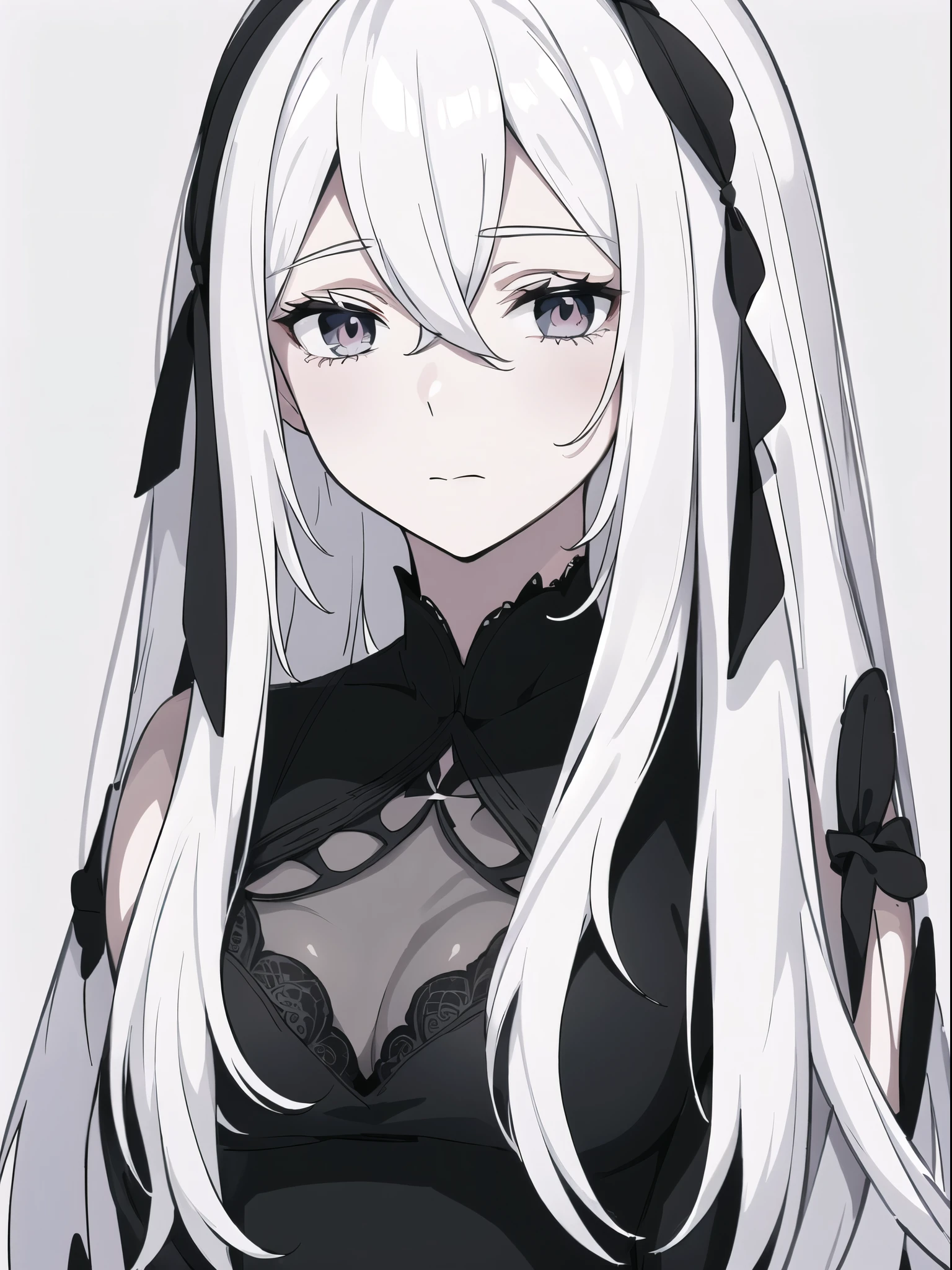 ((White hair)),((Head and Shoulders Image)),Sexy,A person,Alone,Simple style,pancake ,Simple details,Black background,Empty background,Black background wall,(20 year old woman),(Droopy hair),(White Gloves),(Evening Gown),(Lace Shirt),Lace,(confidence)