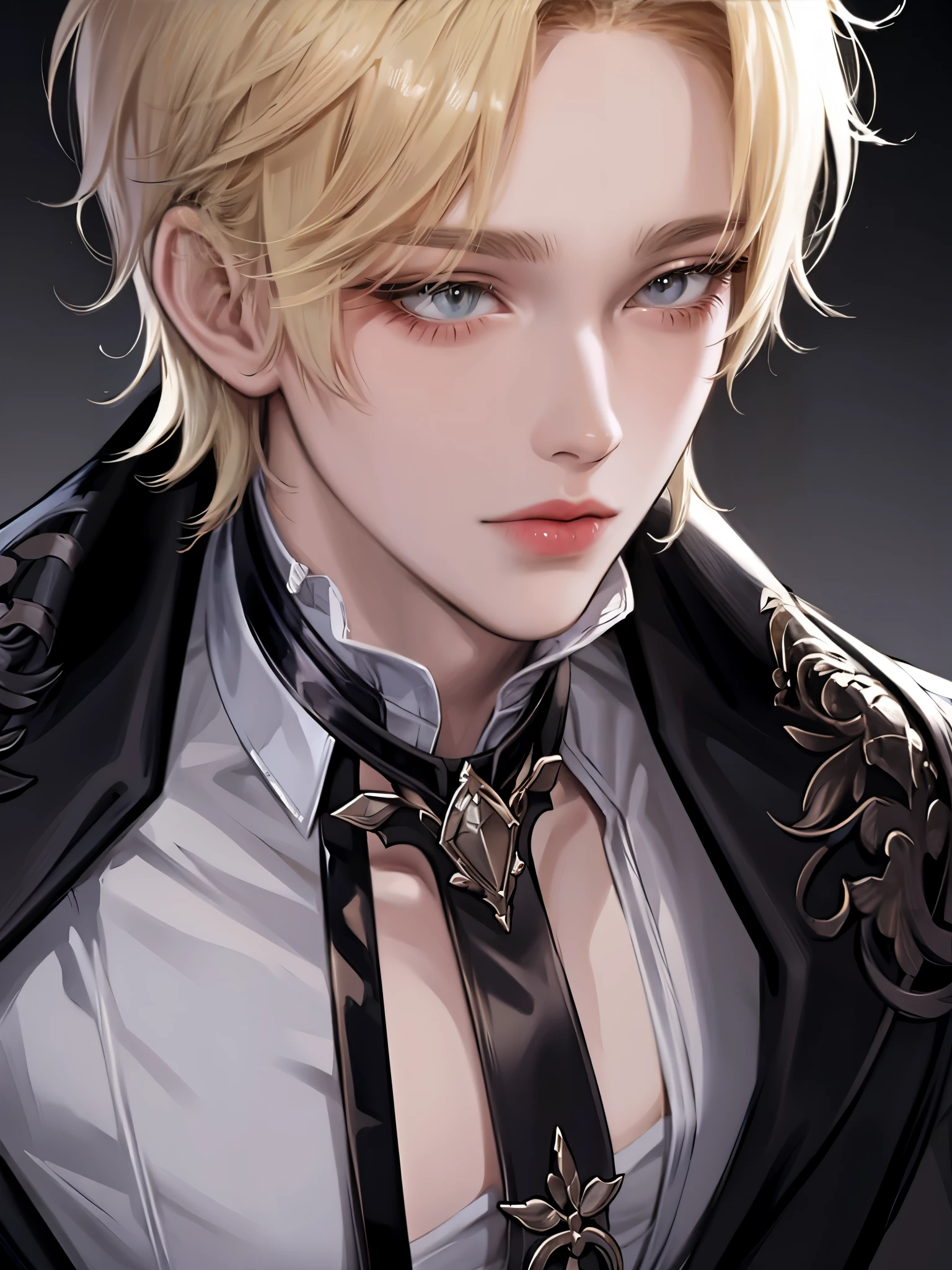 boy with blond hair、glare、gothic fashion