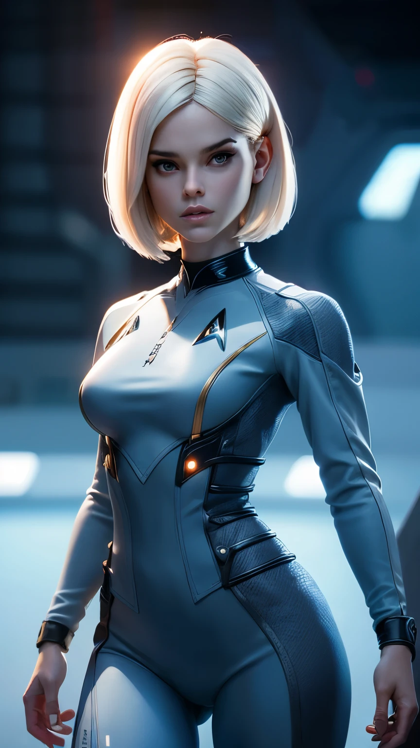 photo of Alice Eve, RAW, beautiful woman, ((portrait)), ((detailed face:1.2)), ((detailed facial feature, detailed skin, clear skin), (perfect proportioned body), (short bob cut hair), (wearing star trek plug suit), (high detailed star trek environment), (realistic photo, best quality, detailed), (8k wallpaper), (cinematic lighting, dramatic lighting) (sharp focus, intricate)