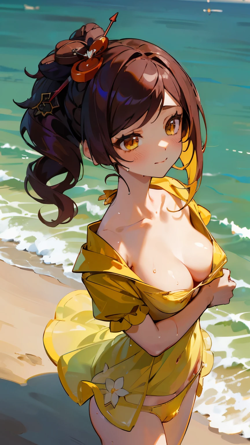 Chiori, (Chiori), ((in a beach in water)), ((wearing (Swimdress))), (((yellow panties))), (floral pantieas terpiece), best quality, high resolution ,brown long hair, flower like hairpin, side ponytail hairstyle, yellow two piece swimsuit, ((wet)) (((falling bra))), ((Genshin Impact style)), (Genshin impact style of clothes), purple attachments , collarbone, cowboy shot, Look from up looking down at her, hands on her chest, yellow eyes, medium chest, C tits, look from back, blush, yellow perverted starry eyes, smile, closed mouth, cute, , ecchi, 18 years old, ((NSFW)), correct anatomy, correct hands, five fingers、(best qualtiy)、(ultra-detailliert)、(a high chroma)、(CG Illustration)、((full-shot))、22 year old beautiful 、Delicate beautiful face、(red blush), (Anime-style eyes:1.3), 、((turned around))、The best lighting、shores, (One lady)、( masterpiece)、(best qualtiy)、(ultra-detailliert)、(a high chroma)、(CG Illustration)、((full-shot))、22 year old beautiful 、Delicate beautiful face、(red blush)、((Longhaire))、(A dark-haired)、(dishevled hair)、(Anime-style eyes:1.3), ((turned around))、The best lighting、shores