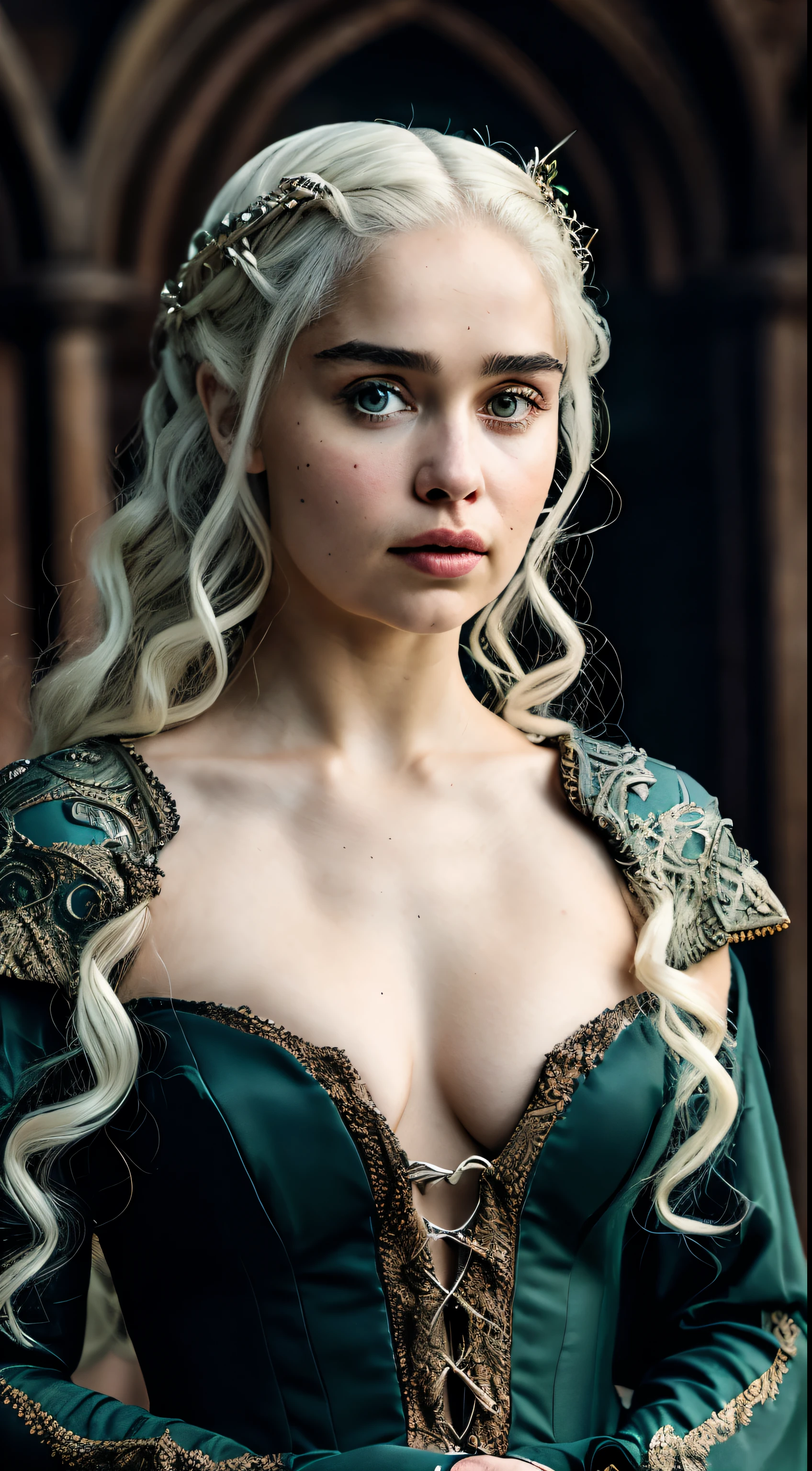 Royal Satin dress, Perfect eyes, flawless Beauty, pierced eyes, Masterpiece, Daenerys Targaryen, Gorgeous woman, queen, Queen Lady, Princess of Dragonstone, black mole on breast, The Unburnt, Queen of Meereen, Queen of the Andals, the Rhoynar and the First Men (claimant), Protector of the Seven Kingdoms (claimant), Khaleesi of the Great Grass Sea, Breaker of Shackles, Mother of Dragons, The One Who Was Promised, Lady of Dragonstone , 45 years Old, she is a Full growned lady now, beautiful mature lady, the queen, milf beauty, mature queen, Best quality, a small, charming Beauty, a captivating woman, fully ripen milf body, lustful queen, alluring appearance, unrivaled beauty, wonderful breasts, large breasts, mediaeval erotic costumes, a Game of Thrones-inspired costume, a close-up of a woman from the middle ages, Daenerys Targaryen, Daenerys, resembles Emilia Clarke, Emilia Clarke, scene from "Game of Throne," deep cleavage, warrior princess, healthy body, perfect thick body, attractive figure, fleshy body, style of "Game of Throne," beautiful lady, beautiful woman, mediaeval clothes, stunning woman, 8K, insane details, dress made of clothes and jewelry, perfect hair, styled hair, high clarity eyes, perfect hands, perfect fingers, perfect eyes, skin pores, stunning beauty, beautymarks on her breast, beautymarks on her breast gives her more charm, black moles, insane skin texture, 