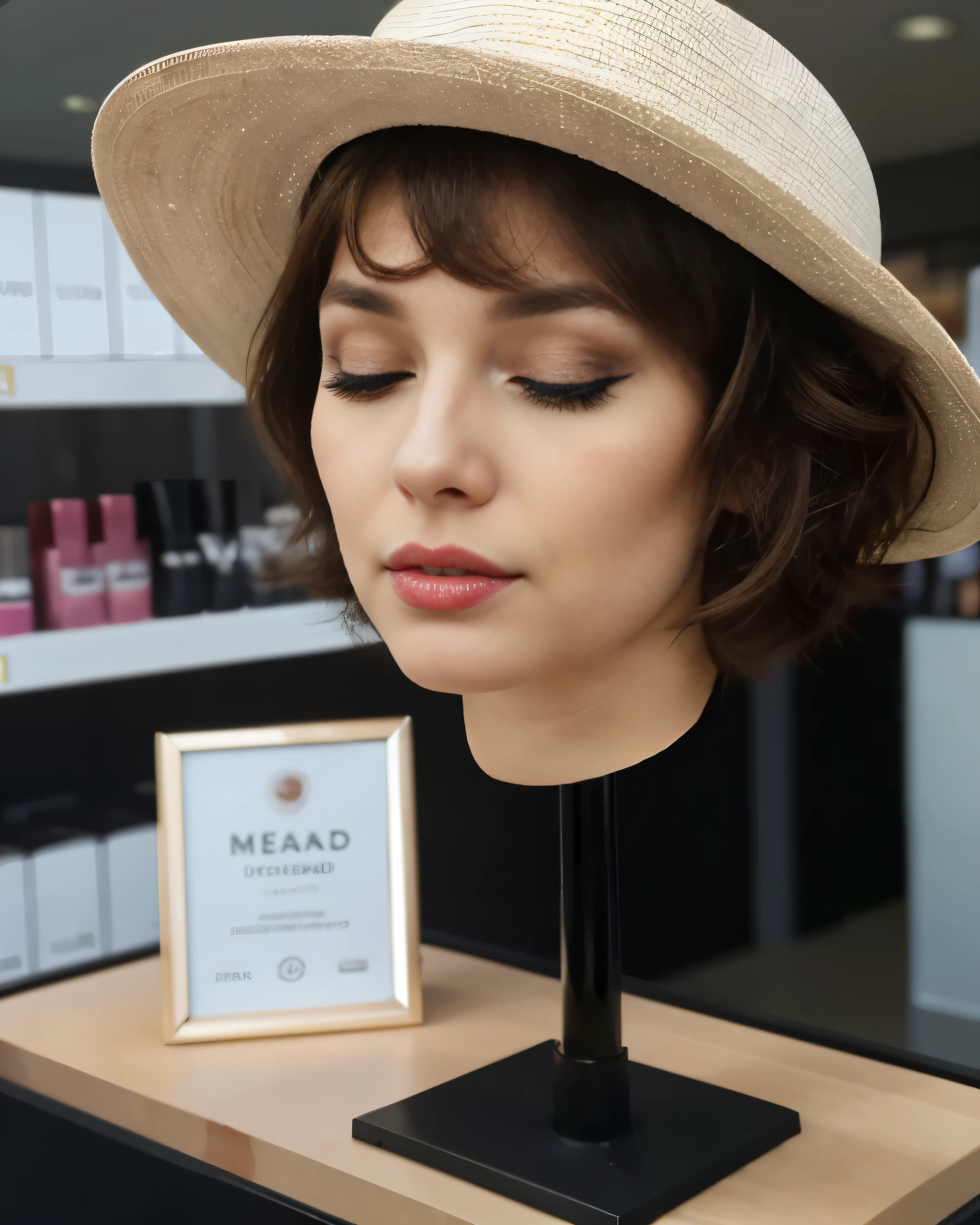 ((disembodied head on store display stand)), beautiful woman, hat, ((wearing makeup)), detailed skin, eyes closed, ((realistic)), realistic lighting, (best image, best quality)