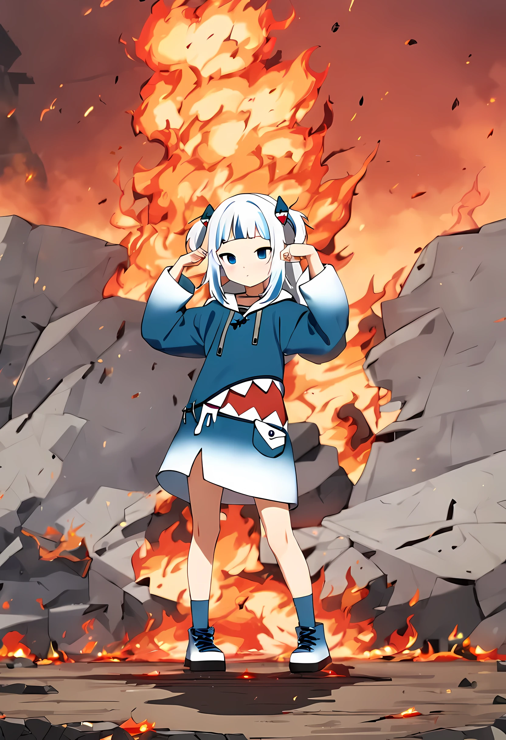 huge beat/(Holographic live broadcast/), 8k,whole body,(masterpiece), (best quality), (1 girl), cool pose, battlefield background, Fire background, messy hair,